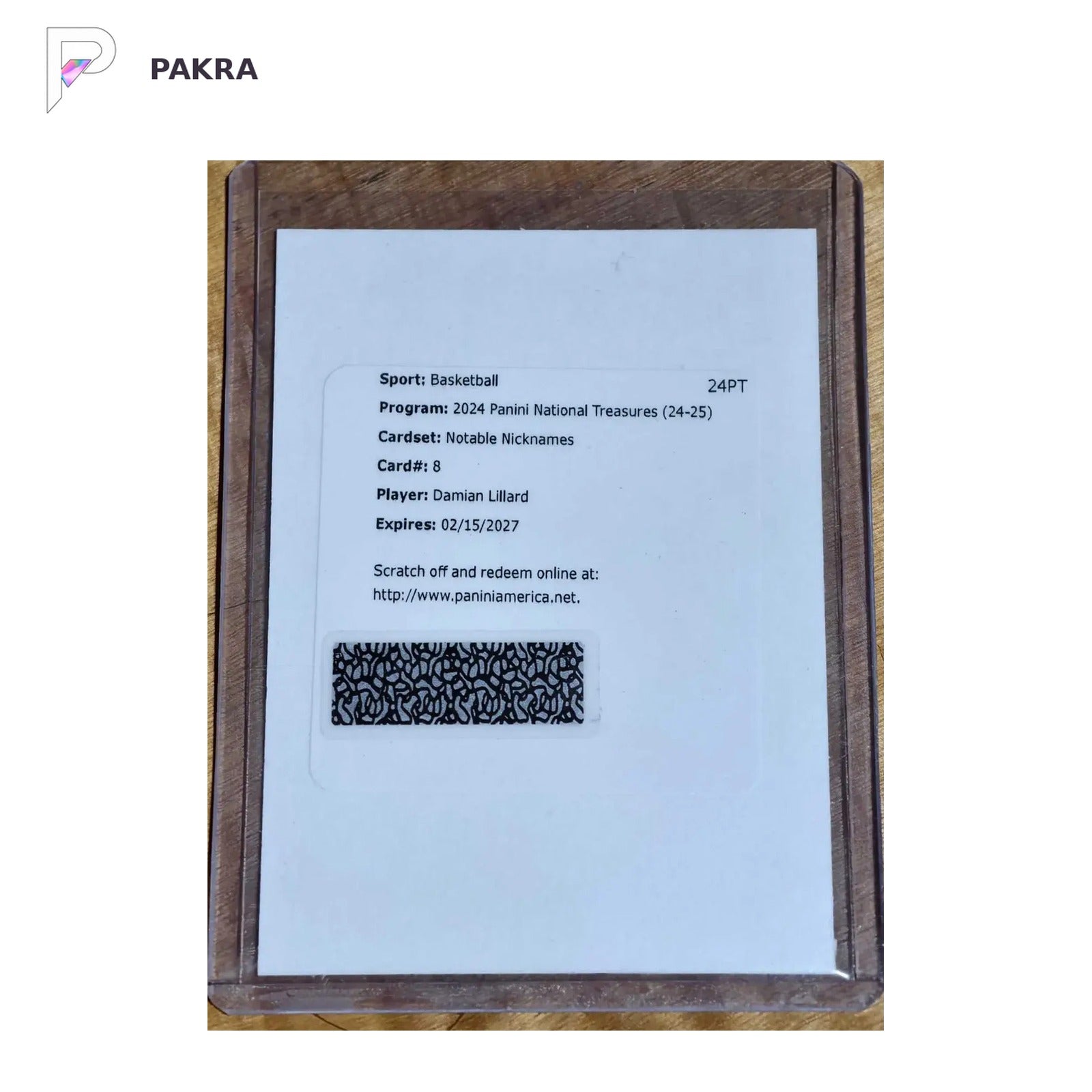 2024-25 National Treasures Auto Notable Nicknames /25 Damian Lillard Dame Time shown on a white PAKRA background.