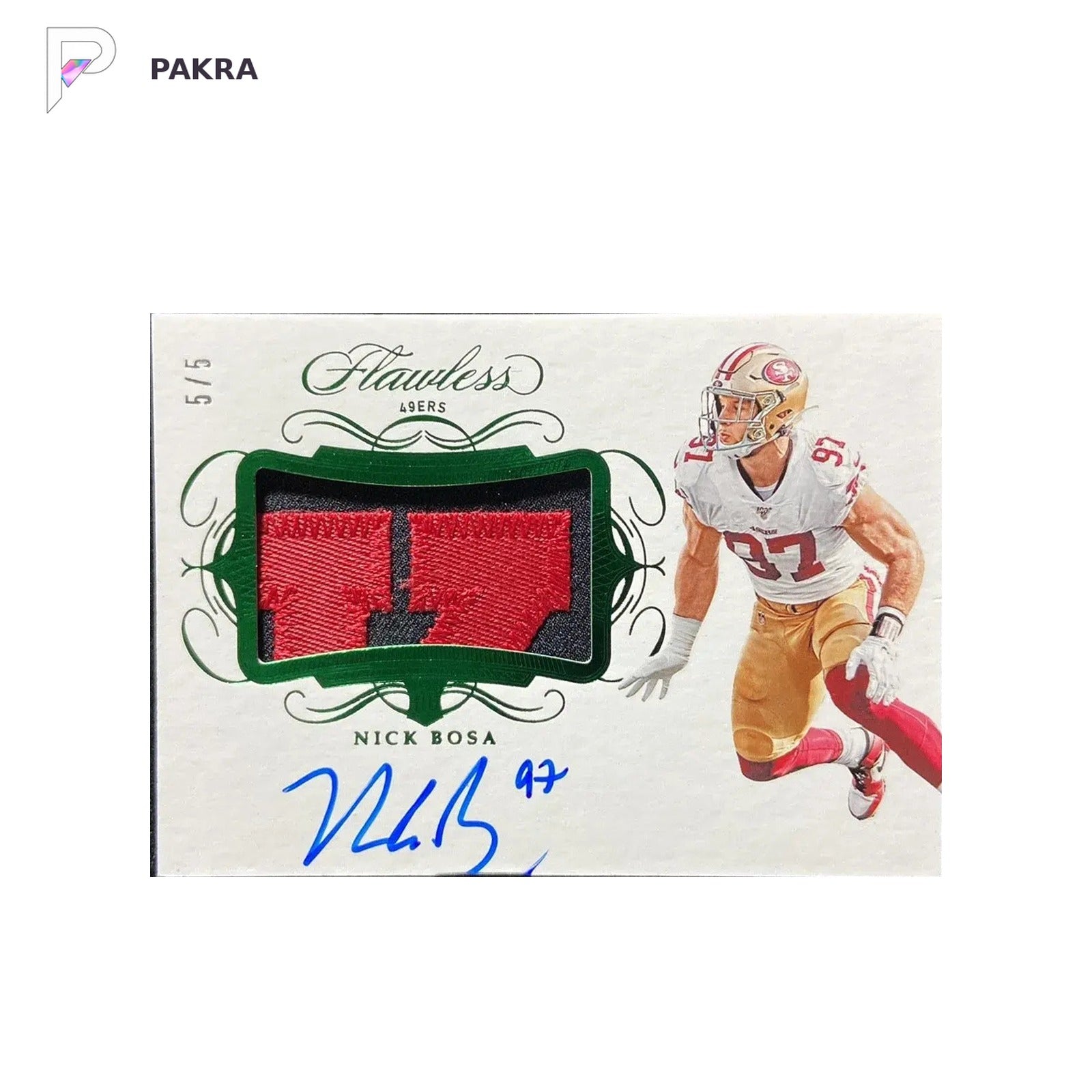2019 Panini Flawless Emerald #RPA-NB Nick Bosa RC Rookie Patch Auto RPA 5/5 HD shown on a white PAKRA background.