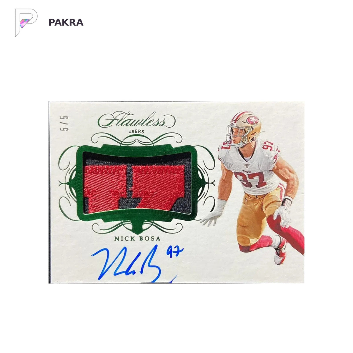 2019 Panini Flawless Emerald #RPA-NB Nick Bosa RC Rookie Patch Auto RPA 5/5 HD shown on a white PAKRA background.