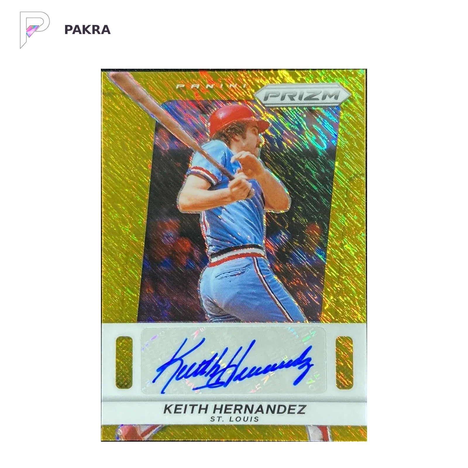 2024 Panini Prizm Gold Shimmer #1 Keith Hernandez Auto ST. Louis 1/2 HD shown on a white PAKRA background.
