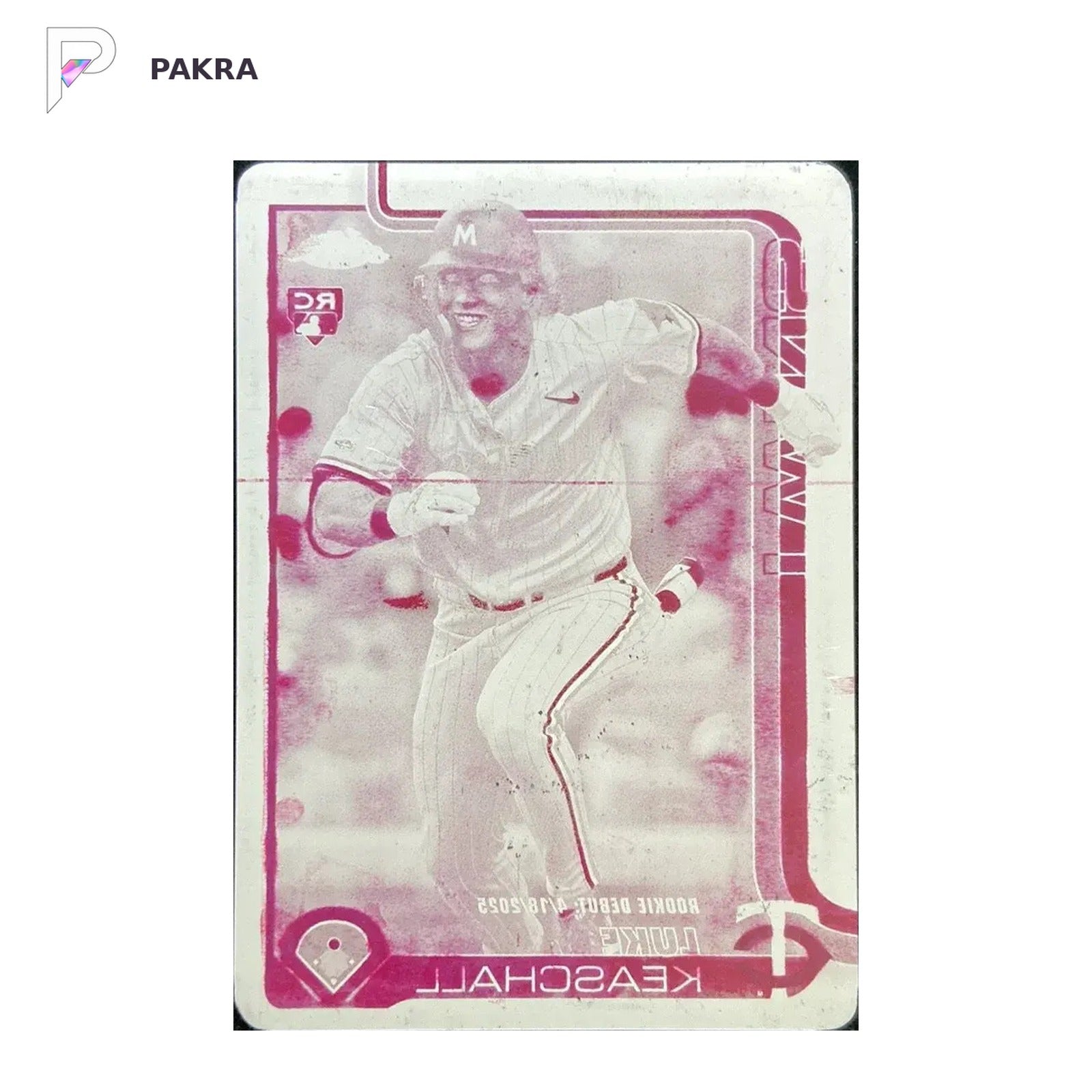 2025 Topps Chrome Updates Magenta Printing Plate Luke Keaschall RC Rookie 1/1 HD shown on a white PAKRA background.