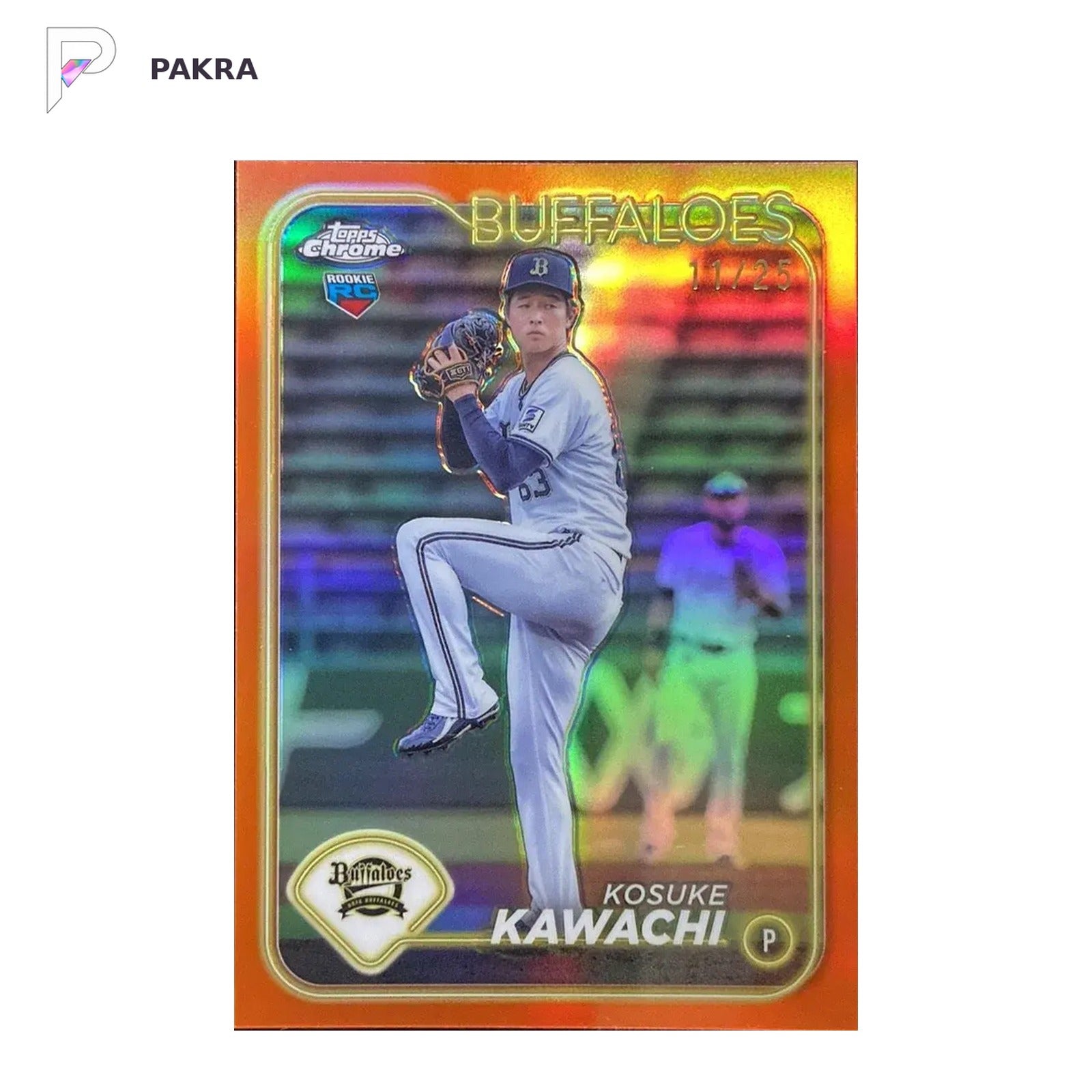 2024 Topps Chrome Nippon Pro Kosuke Kawachi #135 Orange 11/25 RC Buffaloes shown on a white PAKRA background.