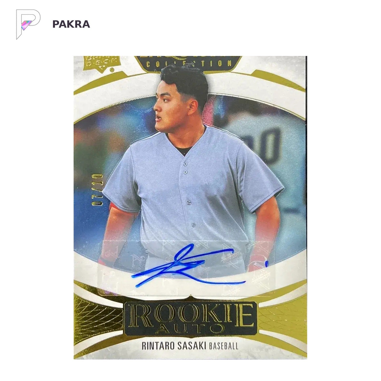 2025 Upper Deck Exquisite #RA-RS Rintaro Sasaki RC Rookie Auto 7/10 shown on a white PAKRA background.