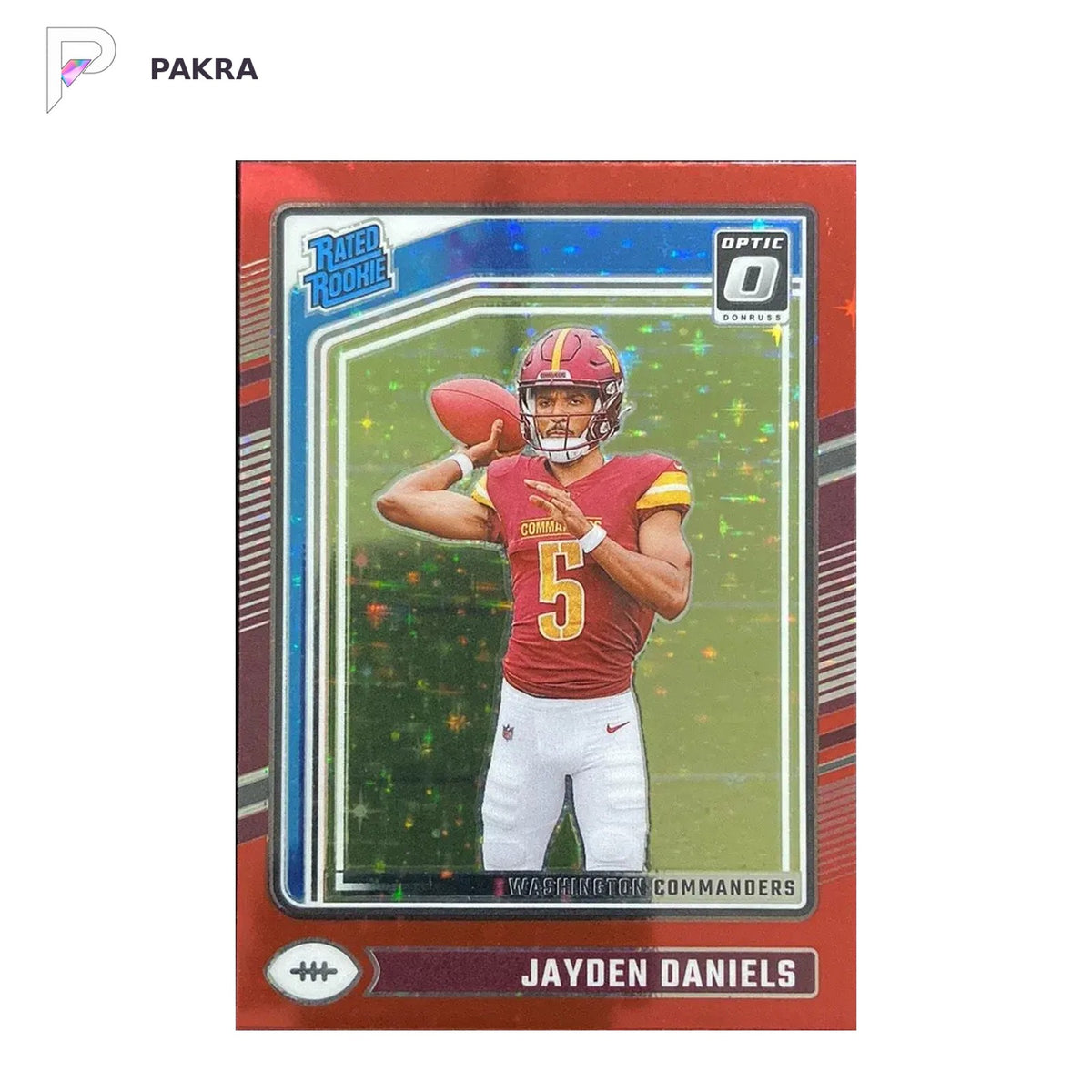 2024 Panini Donruss Optic Jayden Daniels #248 Red Stars Prizm RC Rookie shown on a white PAKRA background.