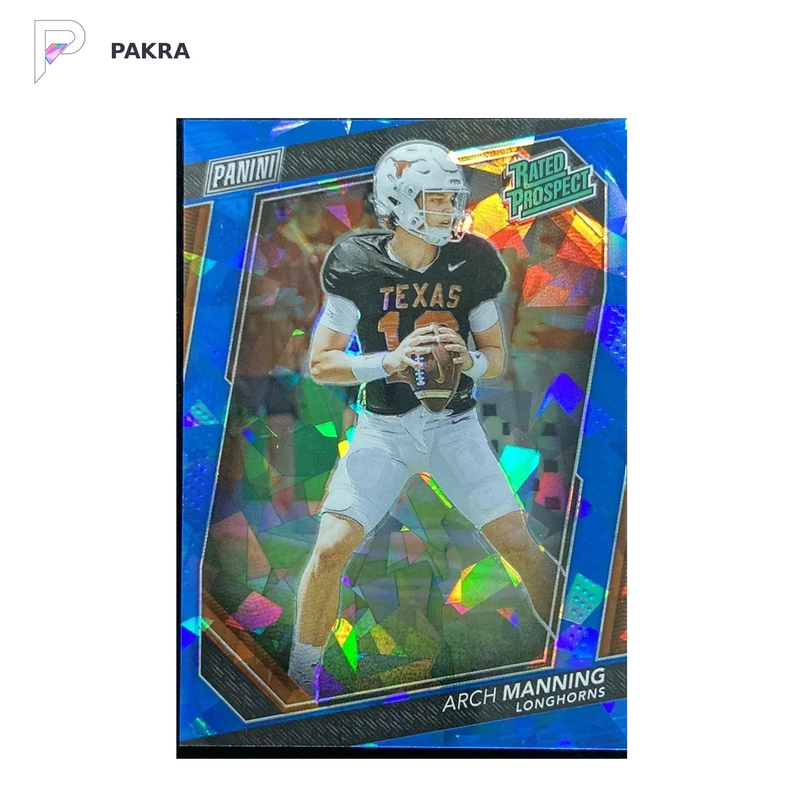 2023 Panini National VIP Rated Prospect Arch Manning Blue Sparkle 94/149 RC shown on a white PAKRA background.
