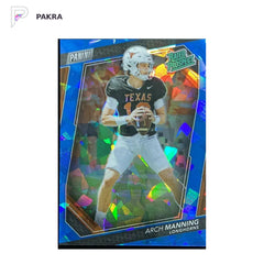 2023 Panini National VIP Rated Prospect Arch Manning Blue Sparkle 94/149 RC shown on a white PAKRA background.
