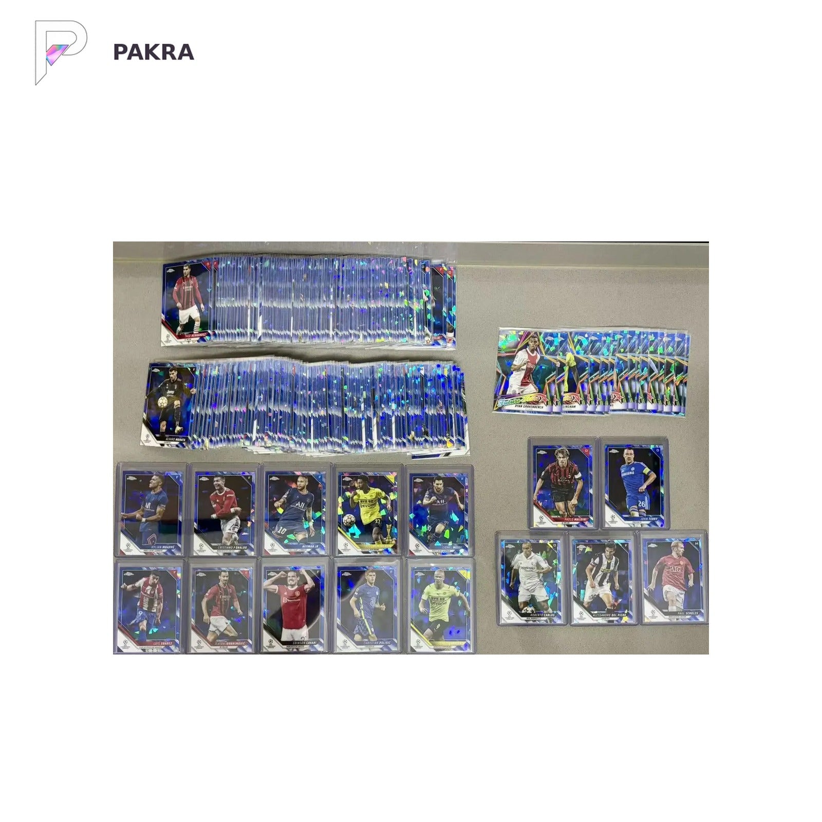 2021 Topps Chrome Sapphire UEFA Base Set 1-200 + SPL1-L5+Future Stars Set Messi shown on a white PAKRA background.