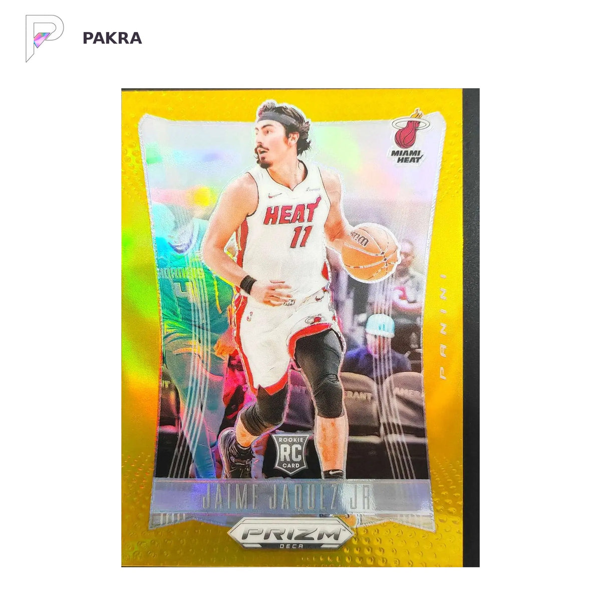 2023-24 Panini Prizm Deca #129 Jaime Jaquez Jr. RC - Gold Prizm 05/10 SSP shown on a white PAKRA background.