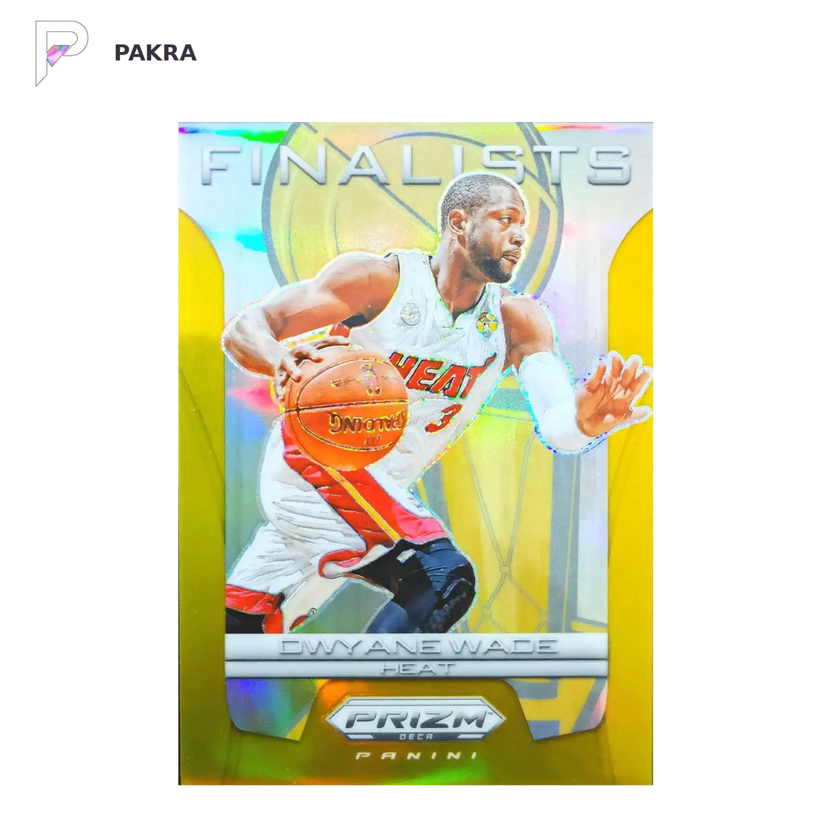 2023-24 Panini Prizm Deca #1 Dwyane Wade - Finalists Gold Prizm 02/10 SSP shown on a white PAKRA background.