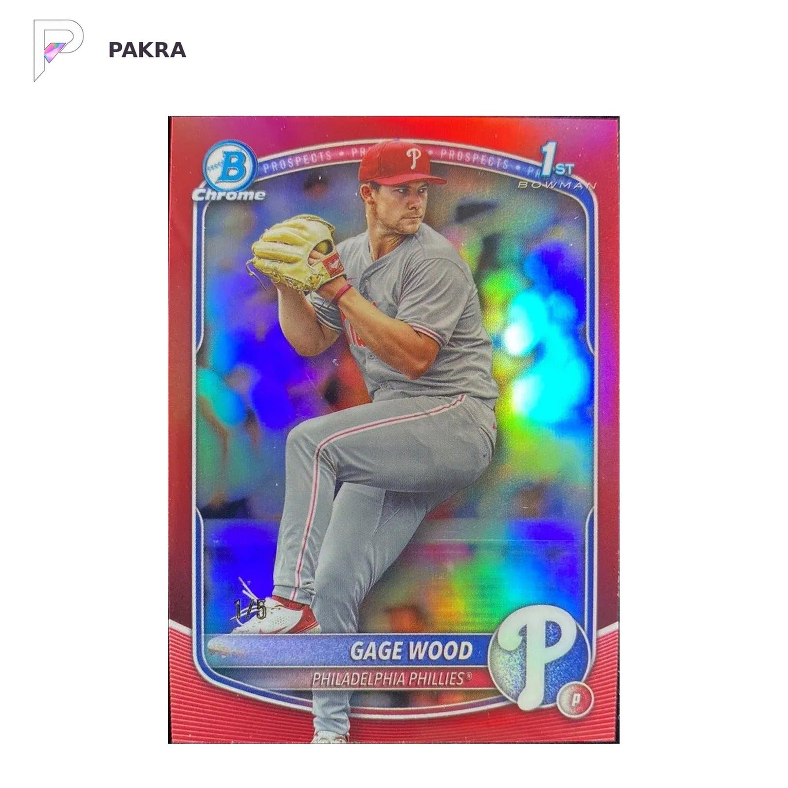 2025 Topps Bowman Draft Chrome Red #BDC-4 Gage Wood 1st 1/5 Phillies shown on a white PAKRA background.