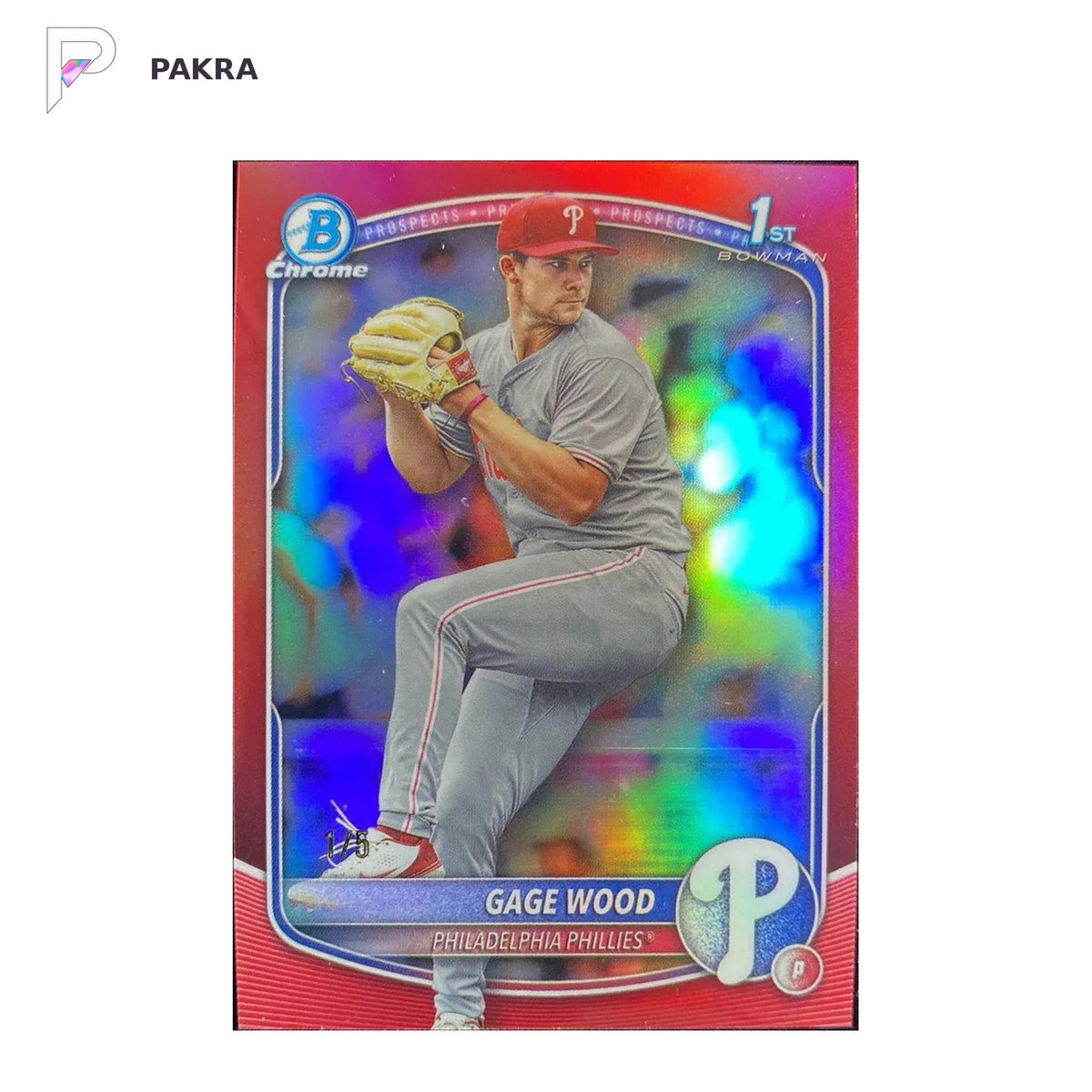 2025 Topps Bowman Draft Chrome Red #BDC-4 Gage Wood 1st 1/5 Phillies shown on a white PAKRA background.