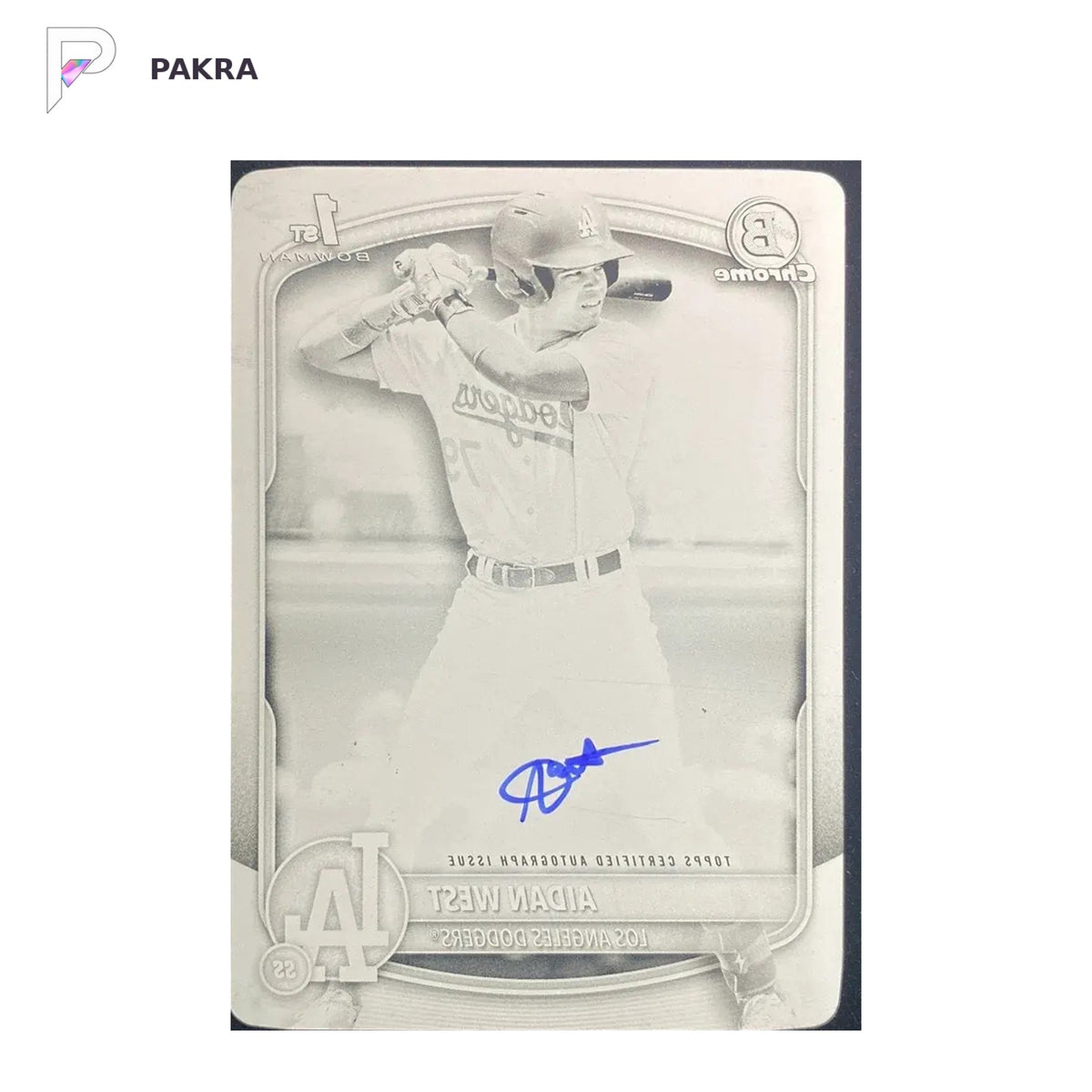 2025 Topps Bowman Draft Chrome Aidan West Auto Black Printing Plate 1/1 1ST shown on a white PAKRA background.