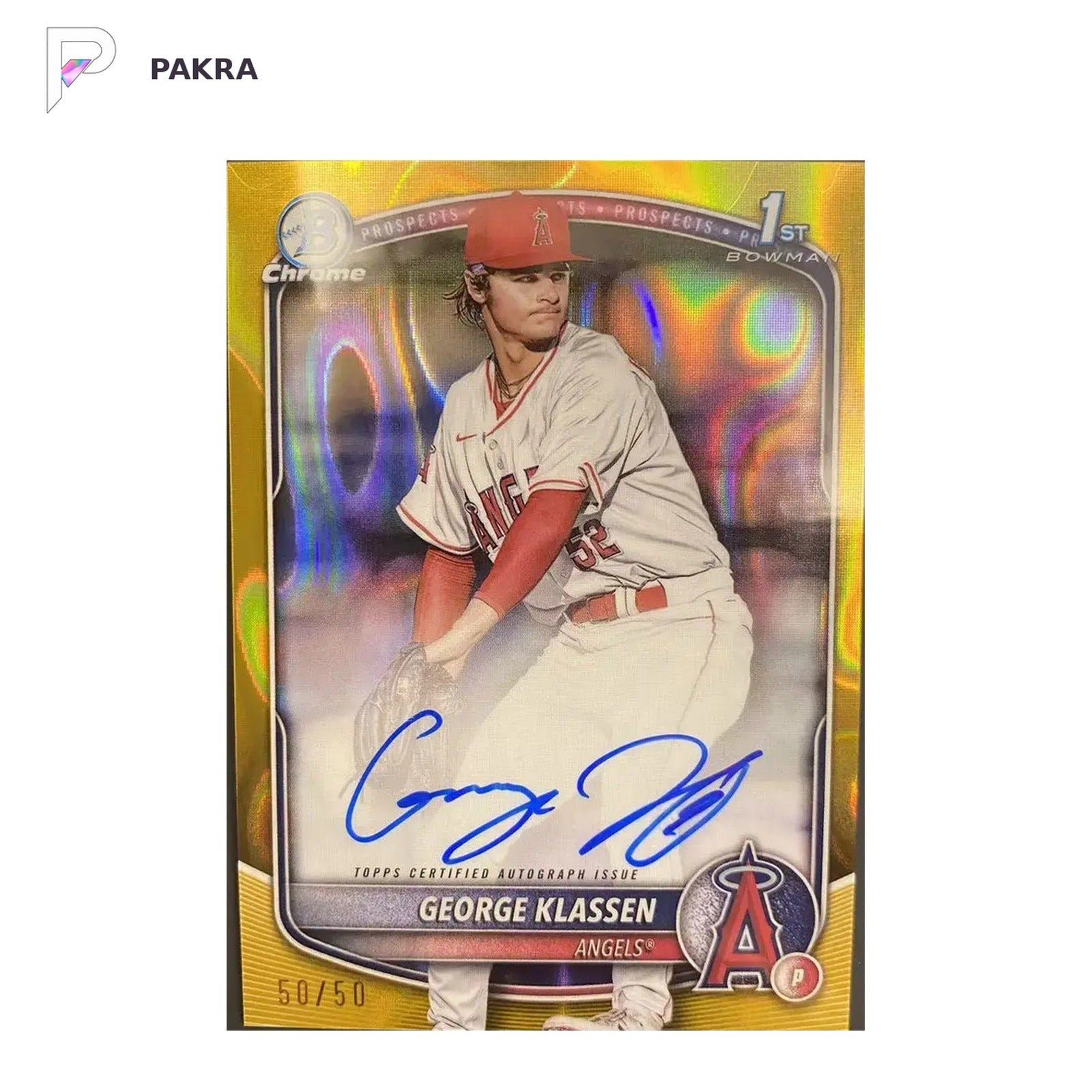 2025 Bowman Chrome Prospect 1st George Klassen #CPA-GK Auto Gold Lava 50/50 shown on a white PAKRA background.