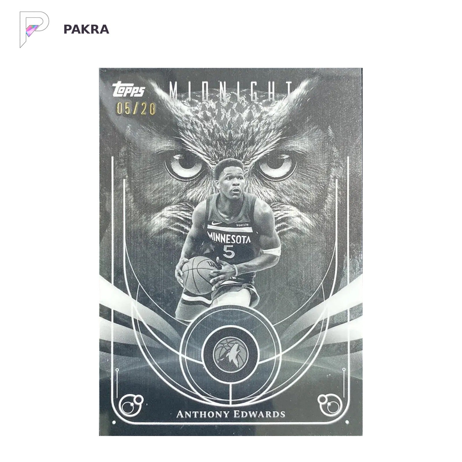 2025-26 Topps Midnight Owls #NO-3 Anthony Edwards Jersey Number 5/20 SP shown on a white PAKRA background.