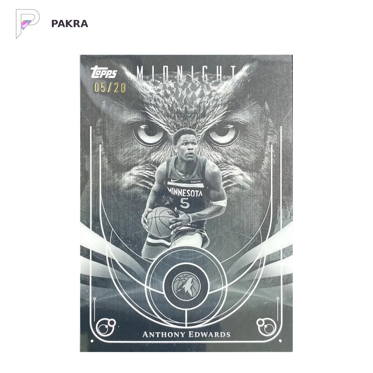 2025-26 Topps Midnight Owls #NO-3 Anthony Edwards Jersey Number 5/20 SP shown on a white PAKRA background.