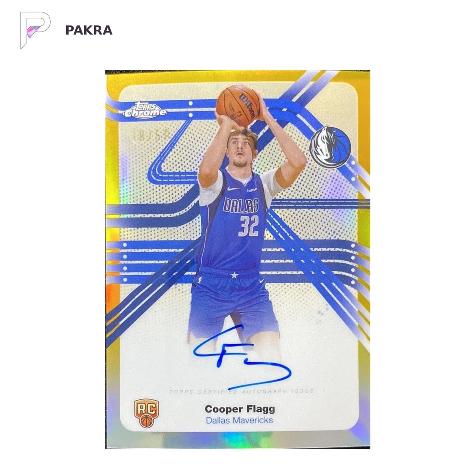 2025-26 Topps Chrome Next Stop Gold Refractor Cooper Flagg RC Auto 38/50 shown on a white PAKRA background.