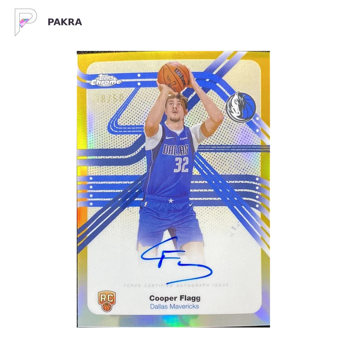 2025-26 Topps Chrome Next Stop Gold Refractor Cooper Flagg RC Auto 38/50 shown on a white PAKRA background.