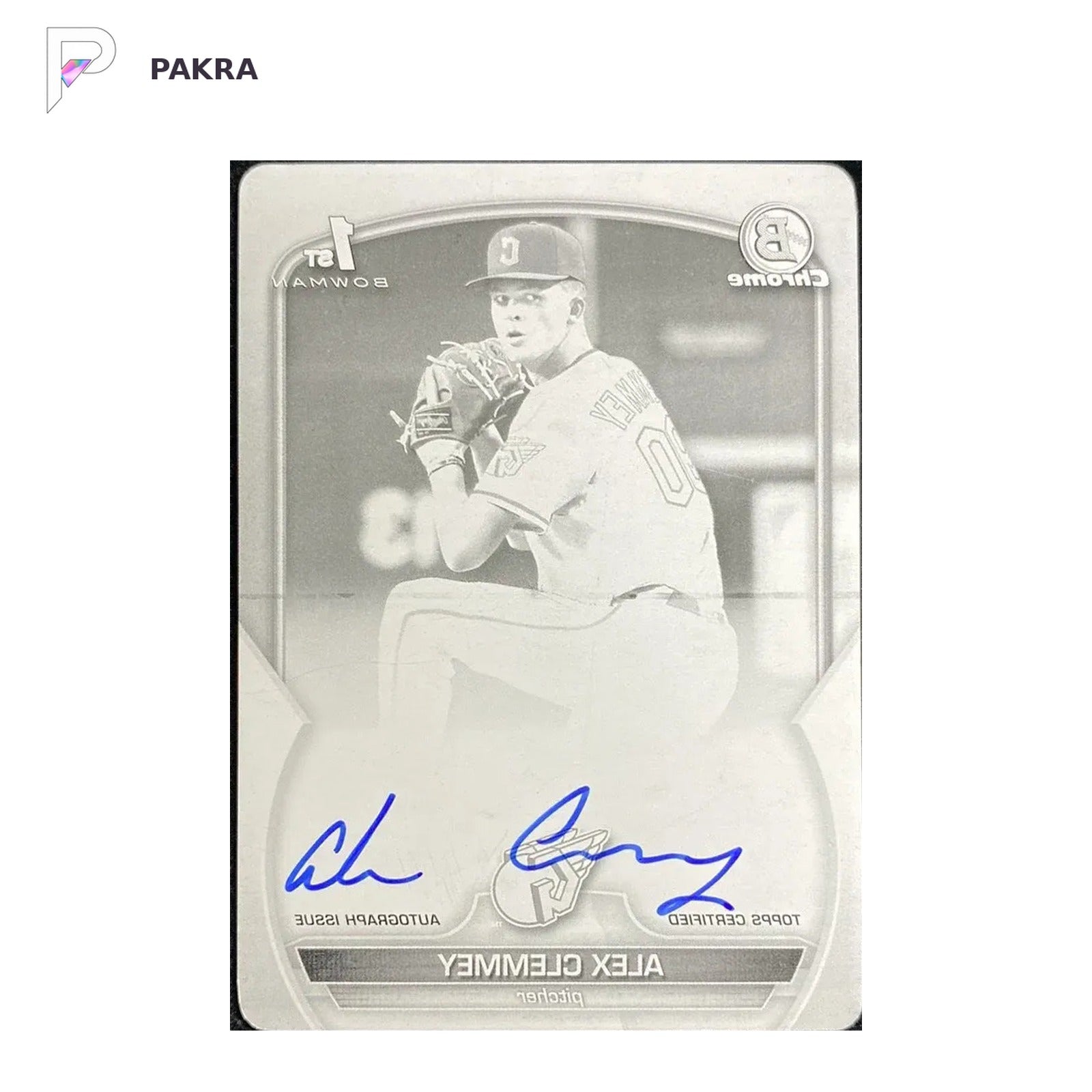 2023 Topps Bowman Draft Black Printing Plate Alex Clemmey 1st Auto 1/1 shown on a white PAKRA background.