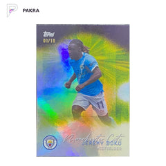 2025-26 Topps Manchester City Team Set Black Rainbow Foil Jeremy Doku 1/10 shown on a white PAKRA background.