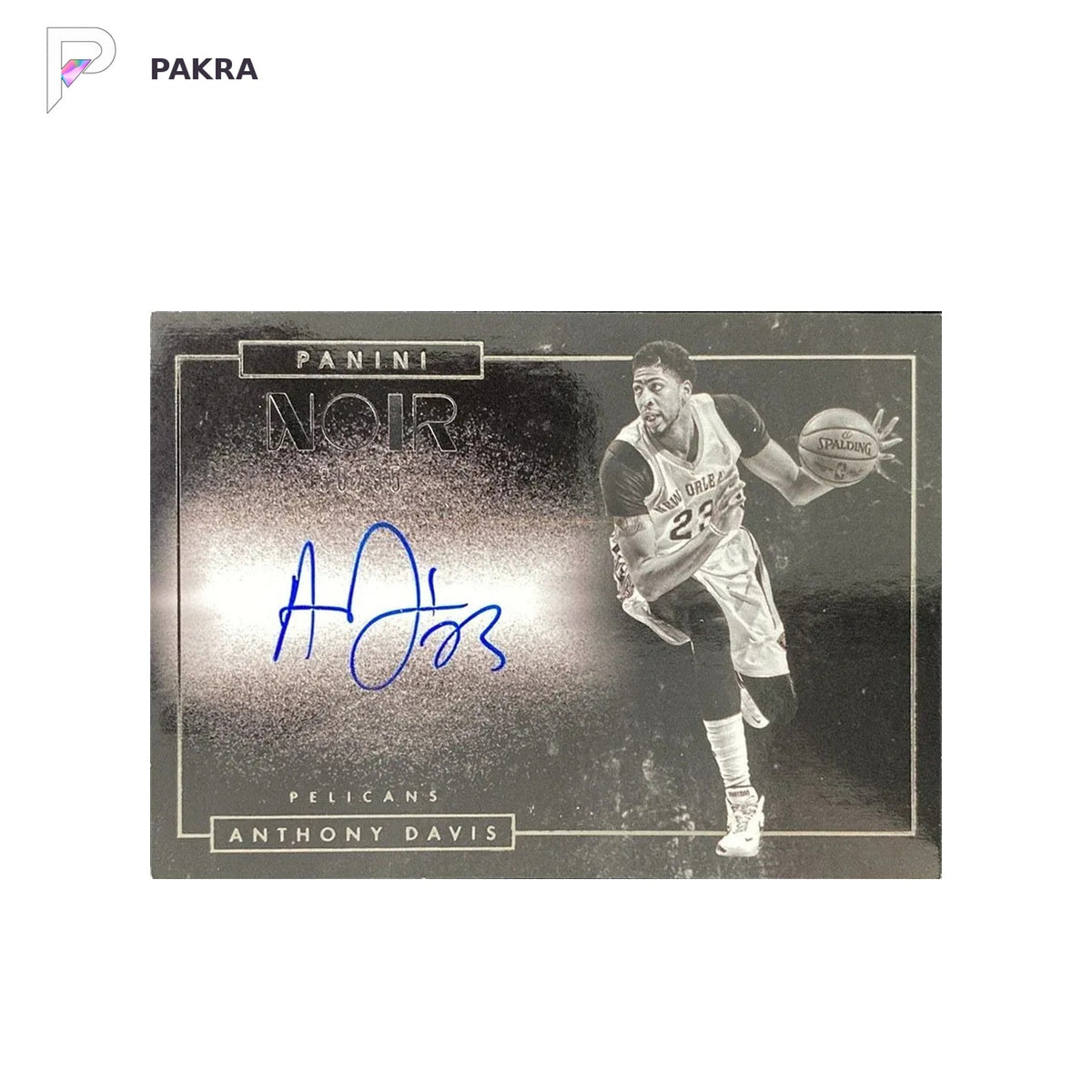 2015-16 Panini Noir Black And White Anthony Davis Auto 30/35 Pelicans shown on a white PAKRA background.