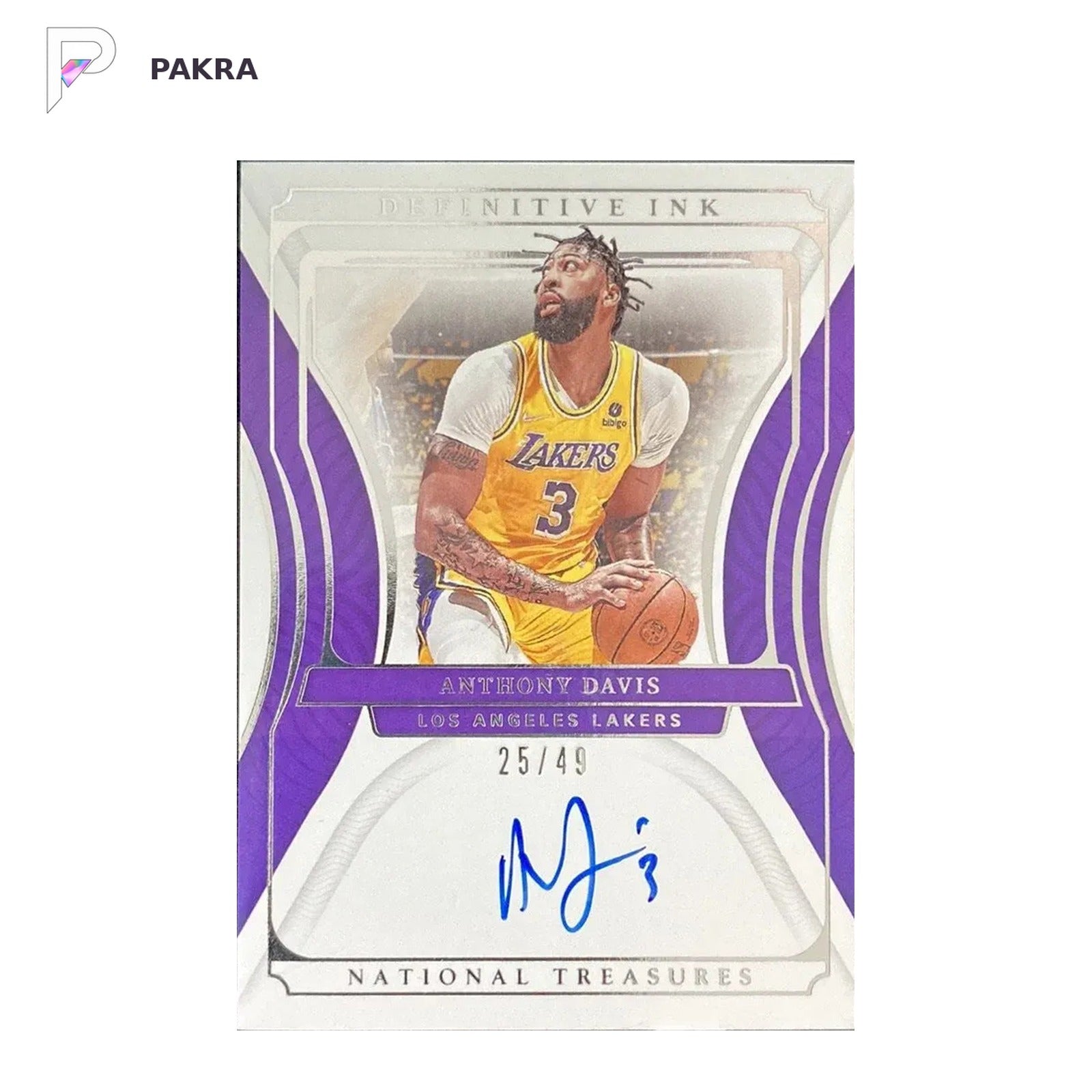 2021-22 Panini National Treasures Definitive Ink Anthony Davis Auto 25/49 shown on a white PAKRA background.