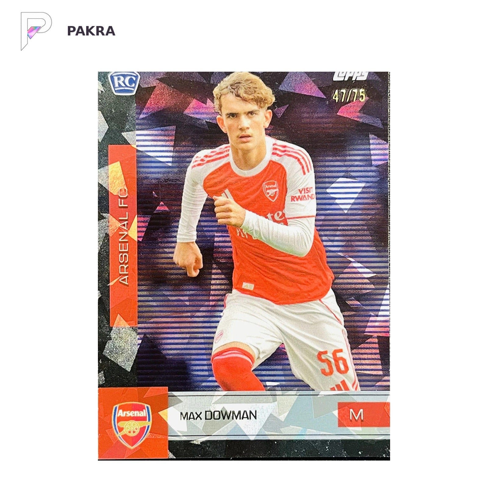2025-26 Topps Arsenal Team Set Max Dowman Cracked Ice 47/75 #7 RC Rookie shown on a white PAKRA background.