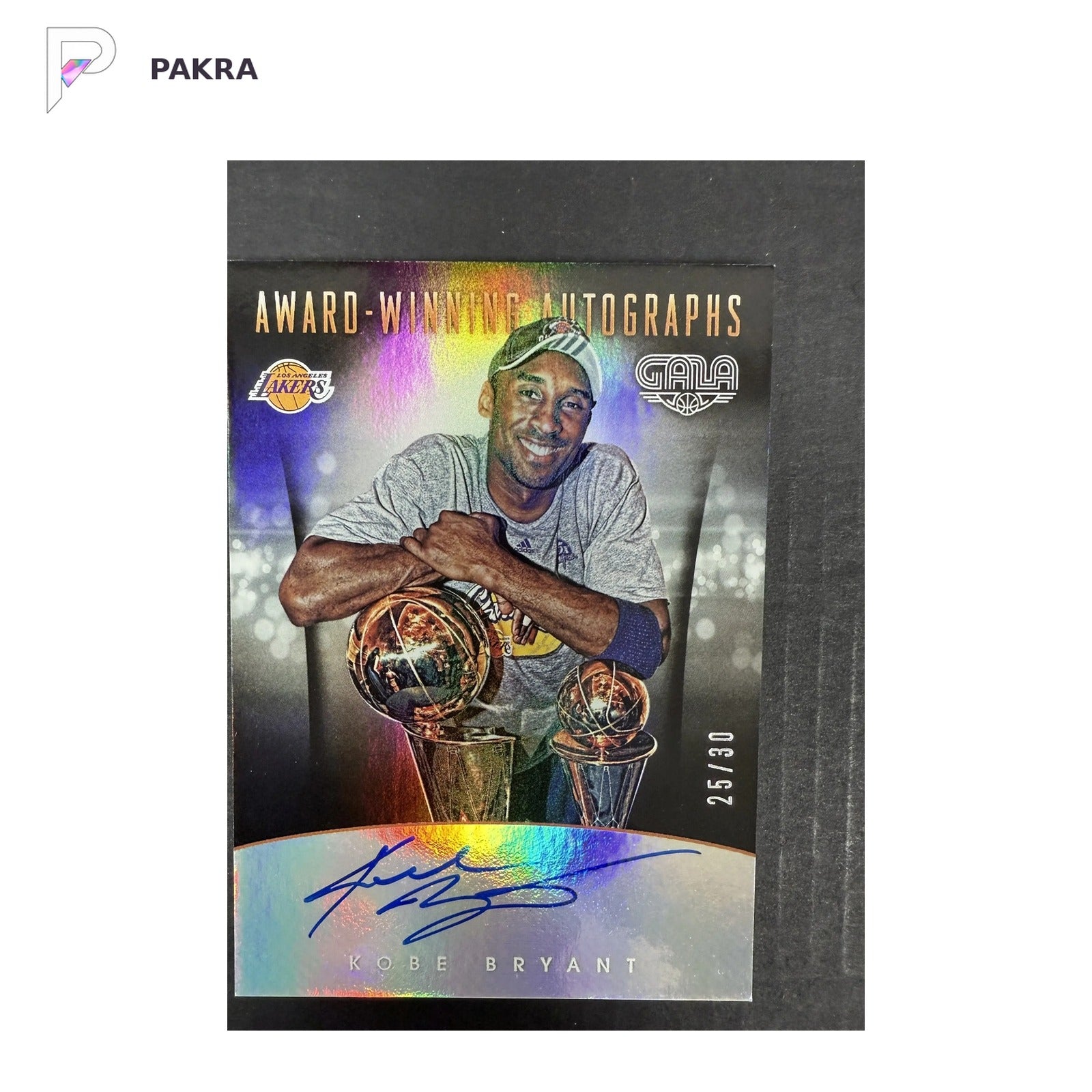 2015-16 Panini Gala Award Winning Autographs #AWA-KB Kobe Bryant Auto 25/30 shown on a white PAKRA background.