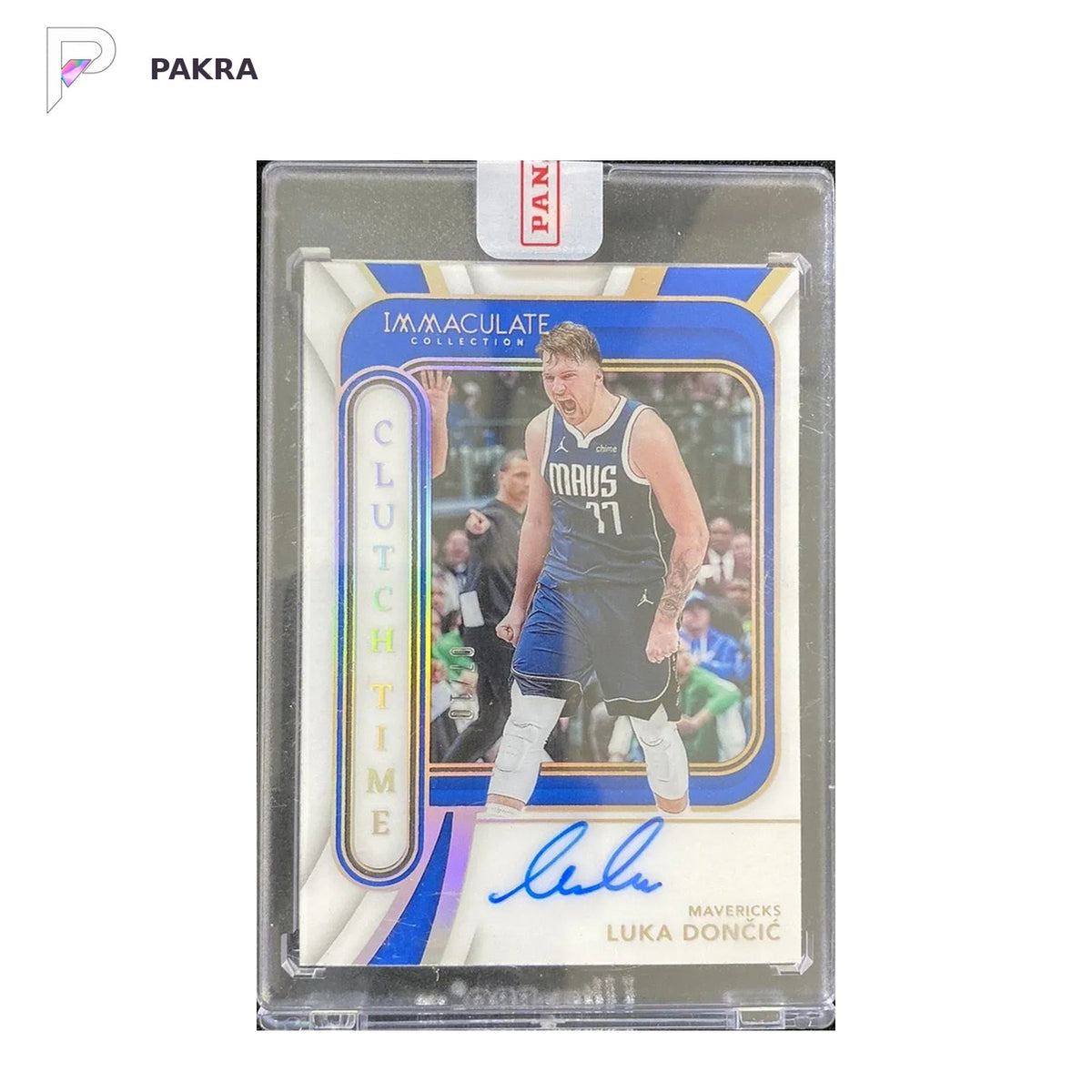2023-24 Panini Immaculate Clutch Time #CTS-LKA Luka Doncic Auto 7/10 Sealed shown on a white PAKRA background.