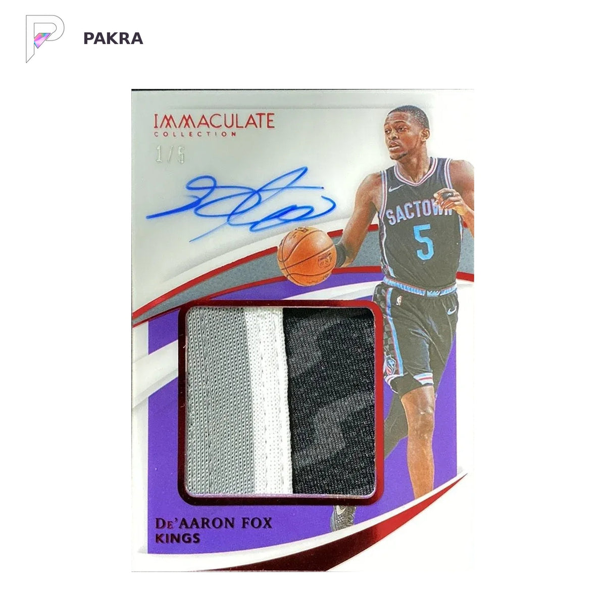 2020-21 Panini Immaculate De'Aaron Fox 1/5 Premium GU Patch Auto Red Kings shown on a white PAKRA background.