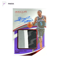 2020-21 Panini Immaculate De'Aaron Fox 1/5 Premium GU Patch Auto Red Kings shown on a white PAKRA background.