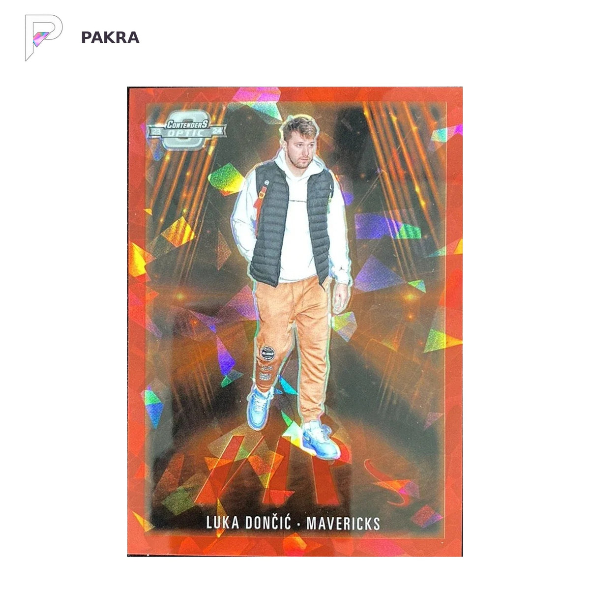 2023-24 Contenders Optic Vips Luka Doncic 69/175 Red Ice #18 Mavericks shown on a white PAKRA background.