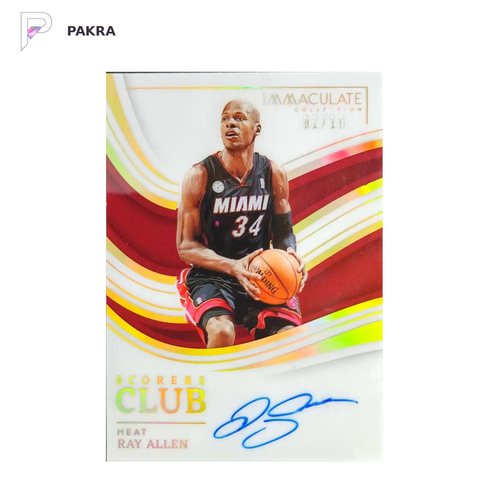 2022-23 Panini Immaculate Ray Allen - Scorers Club Signature Gold 02/10 SSP shown on a white PAKRA background.
