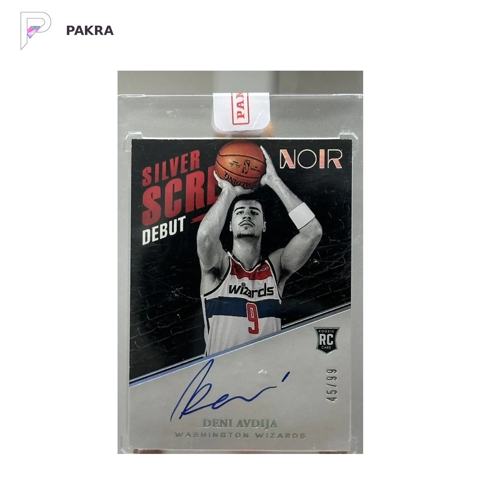 2020-21 Panini Noir Deni Avdija RC Rookie Silver Screen Debut Auto /99 shown on a white PAKRA background.