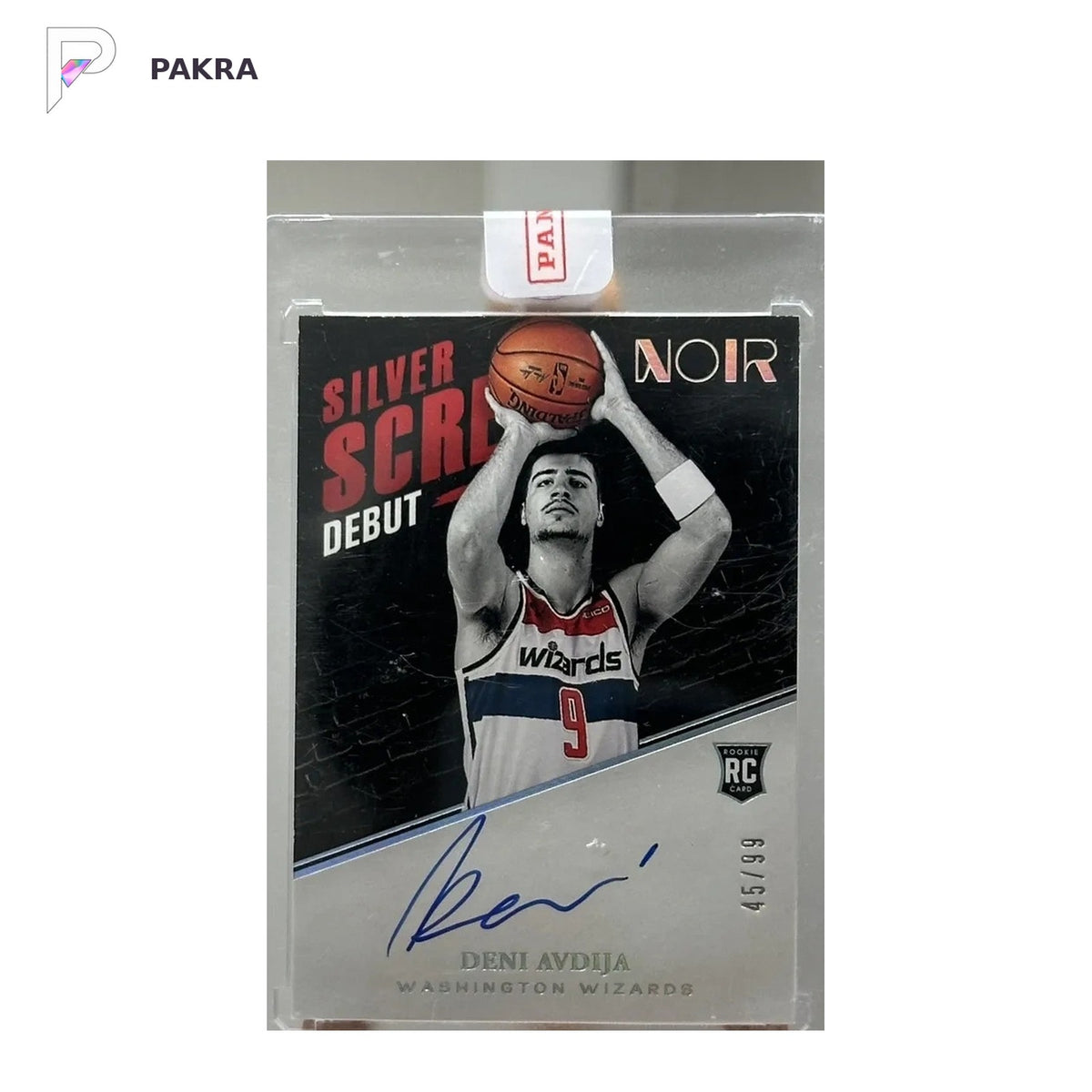 2020-21 Panini Noir Deni Avdija RC Rookie Silver Screen Debut Auto /99 shown on a white PAKRA background.