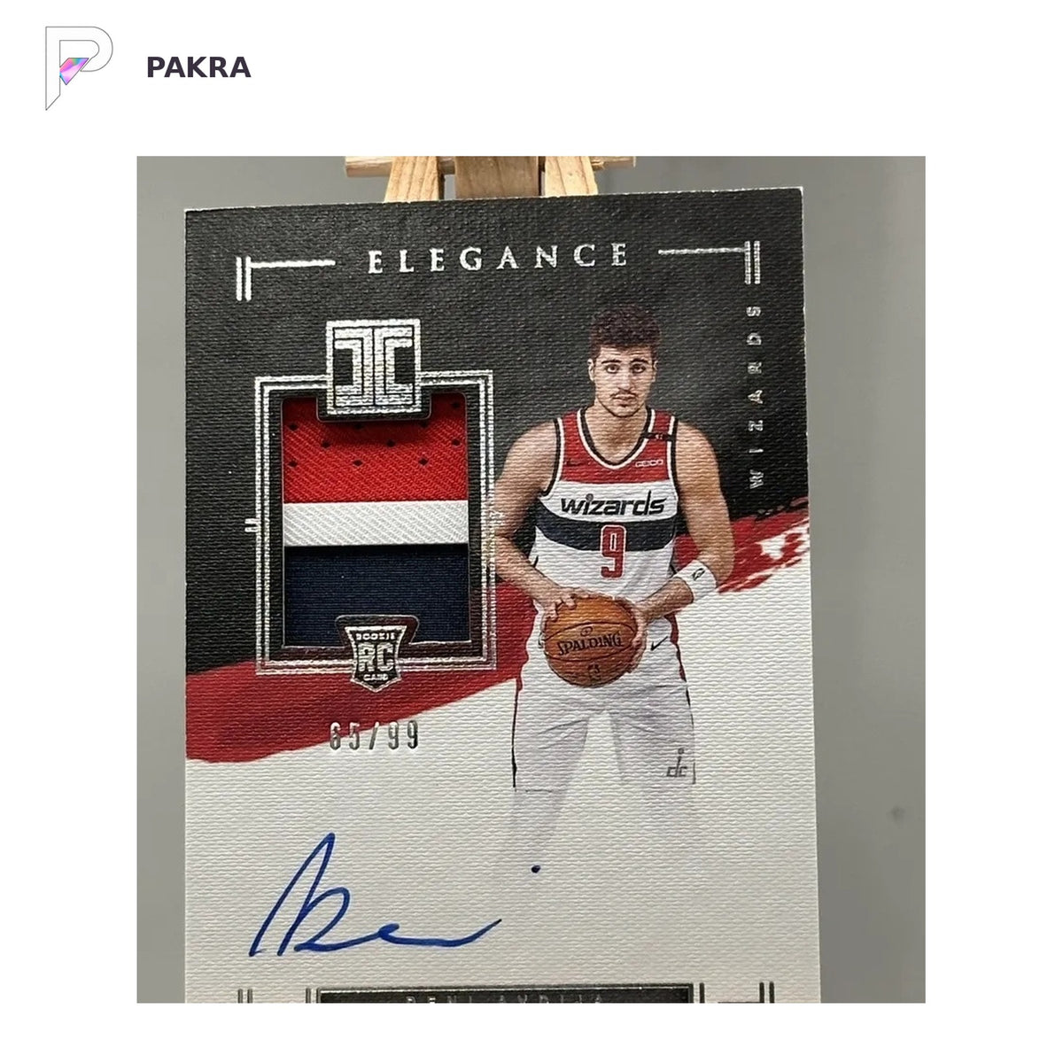 2020-21 Panini Impeccable 132 Elegance RPA Deni Avdija /99 RC patch auto shown on a white PAKRA background.