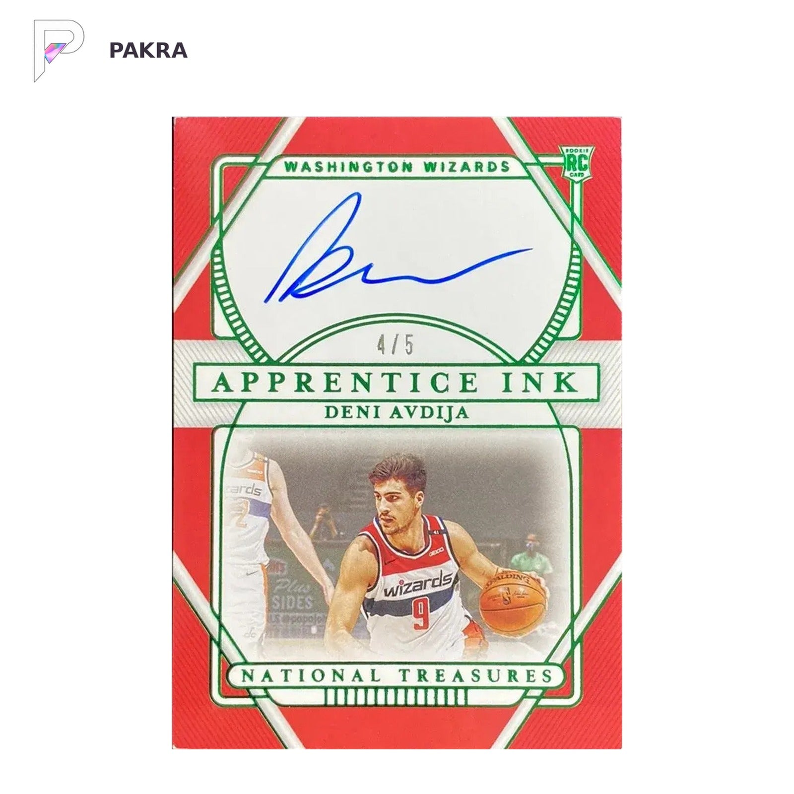 2020-21 National Treasures Apprentice Ink Emerald Deni Avdija RC Auto 4/5 shown on a white PAKRA background.