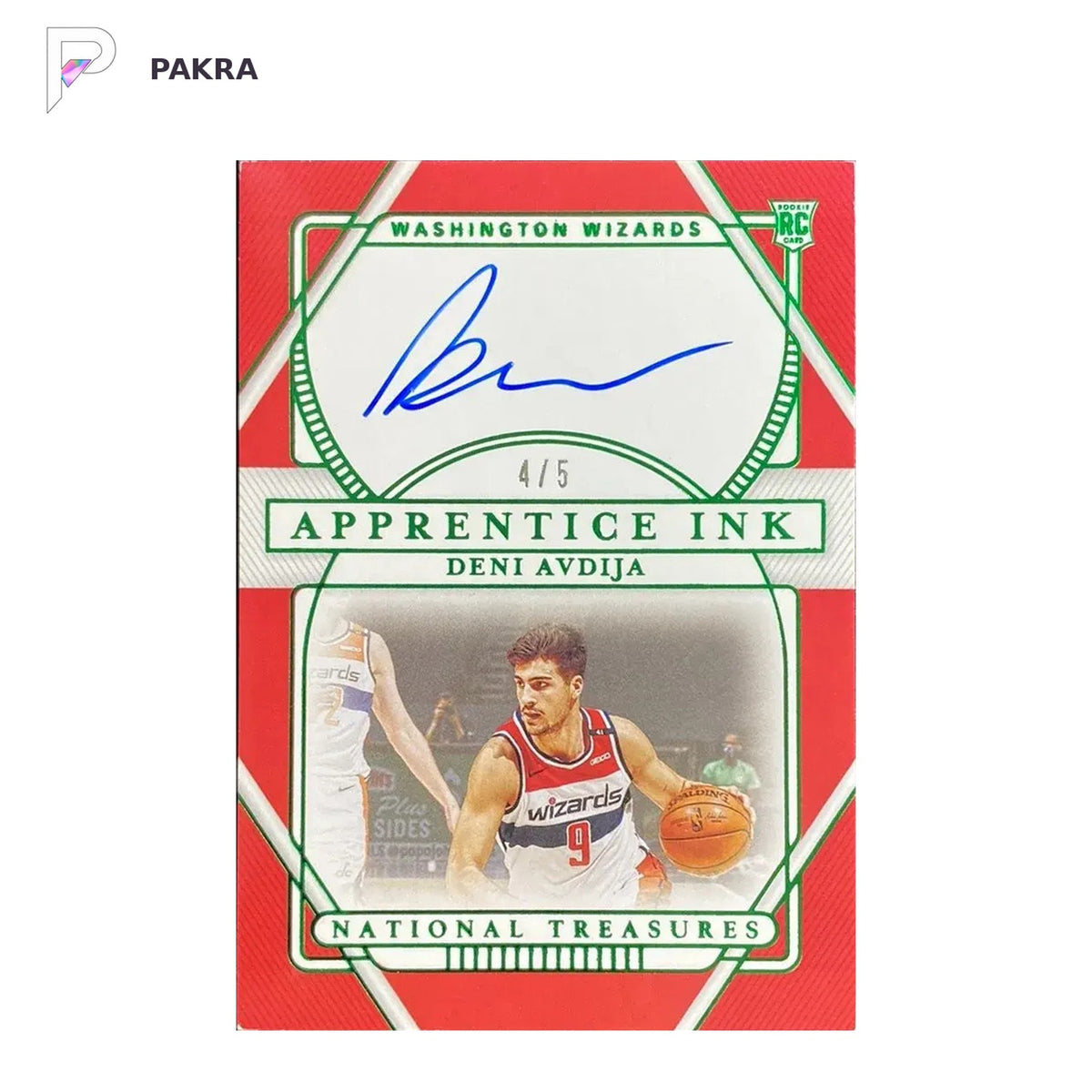 2020-21 National Treasures Apprentice Ink Emerald Deni Avdija RC Auto 4/5 shown on a white PAKRA background.