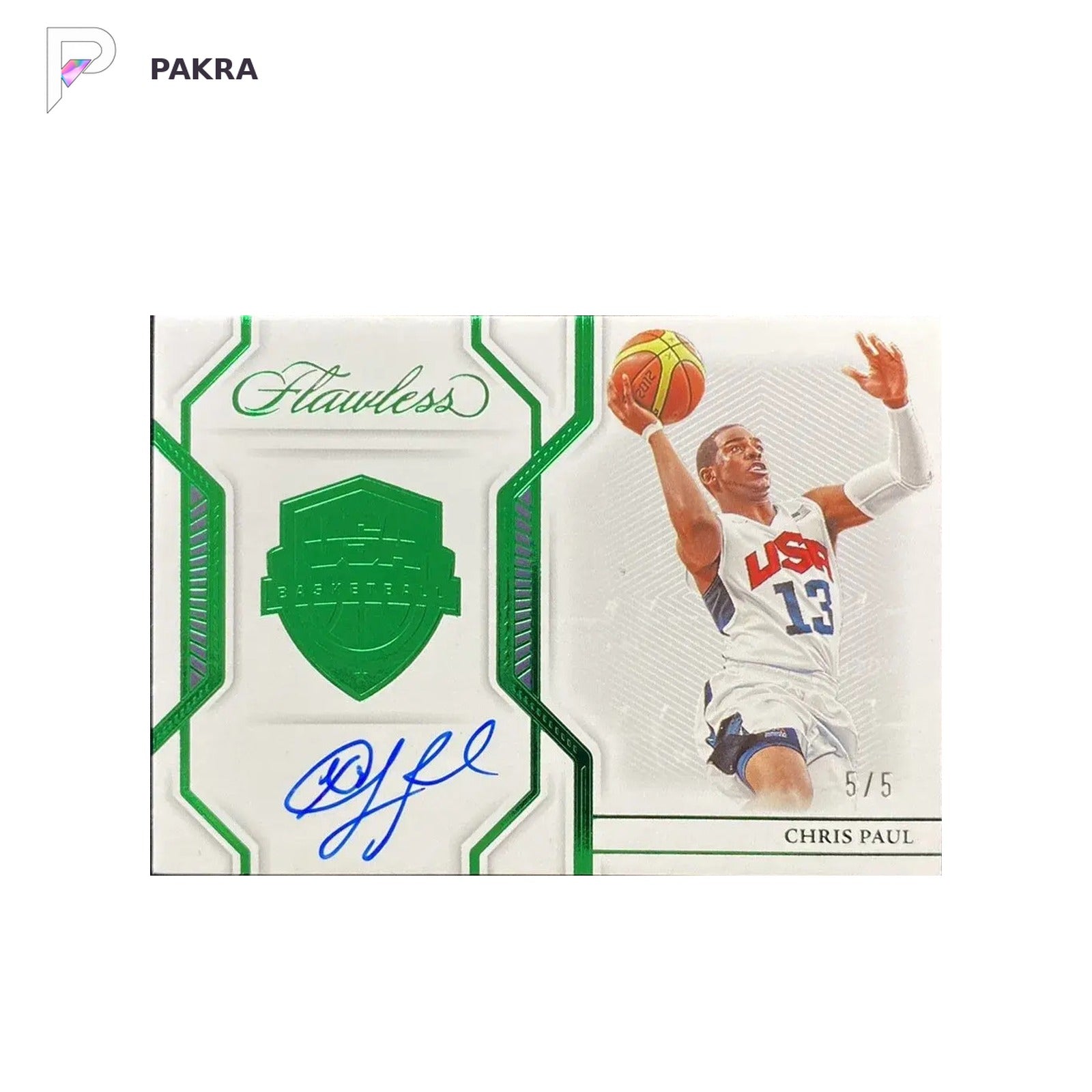 2022-23 Panini Flawless Emerald #USA-CP3 Chris Paul Auto 5/5≈1/1USA shown on a white PAKRA background.