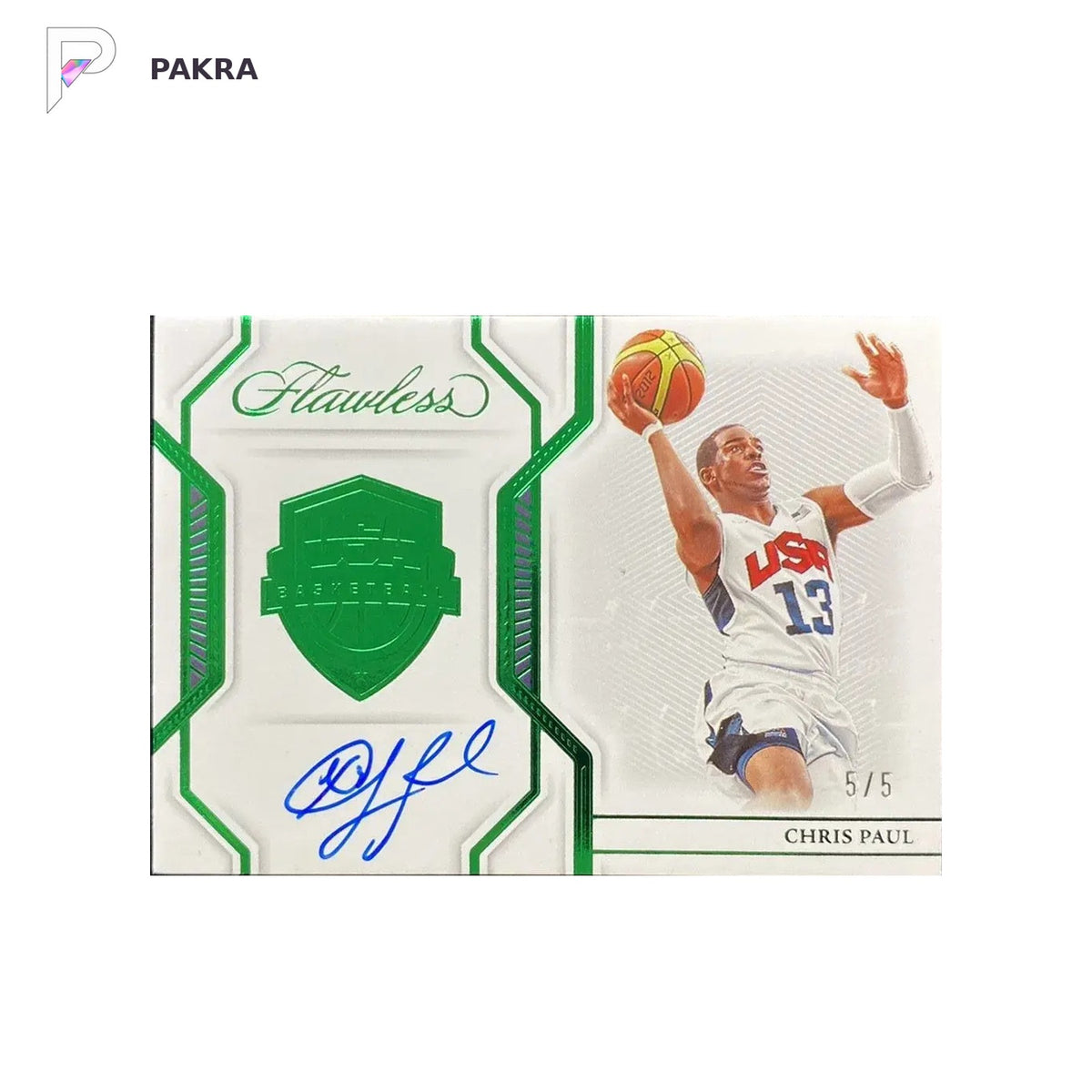 2022-23 Panini Flawless Emerald #USA-CP3 Chris Paul Auto 5/5≈1/1USA shown on a white PAKRA background.