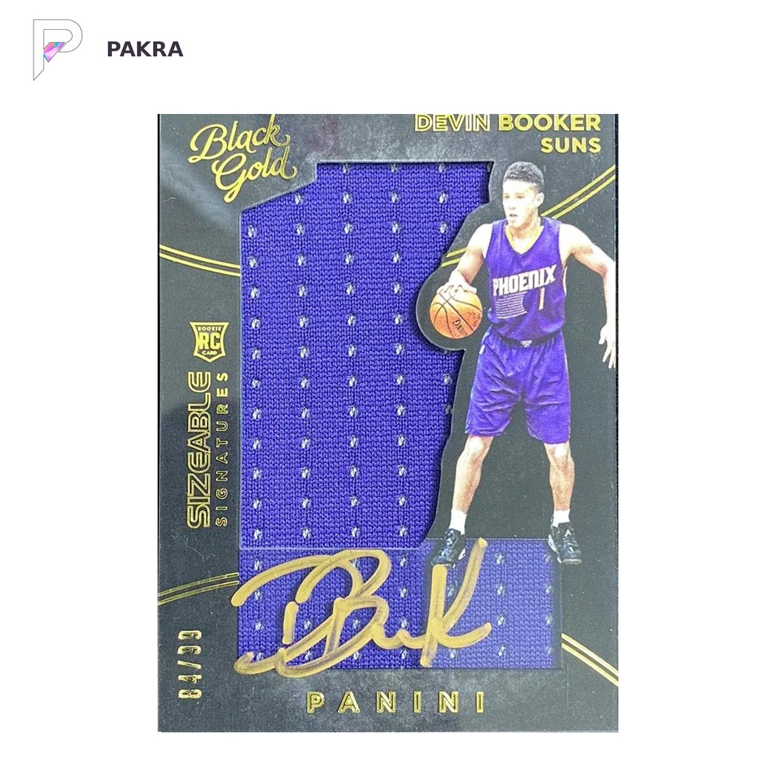 2015-16 Panini Black Gold Sizeable Devin Booker RC Patch Auto RPA 84/99 shown on a white PAKRA background.