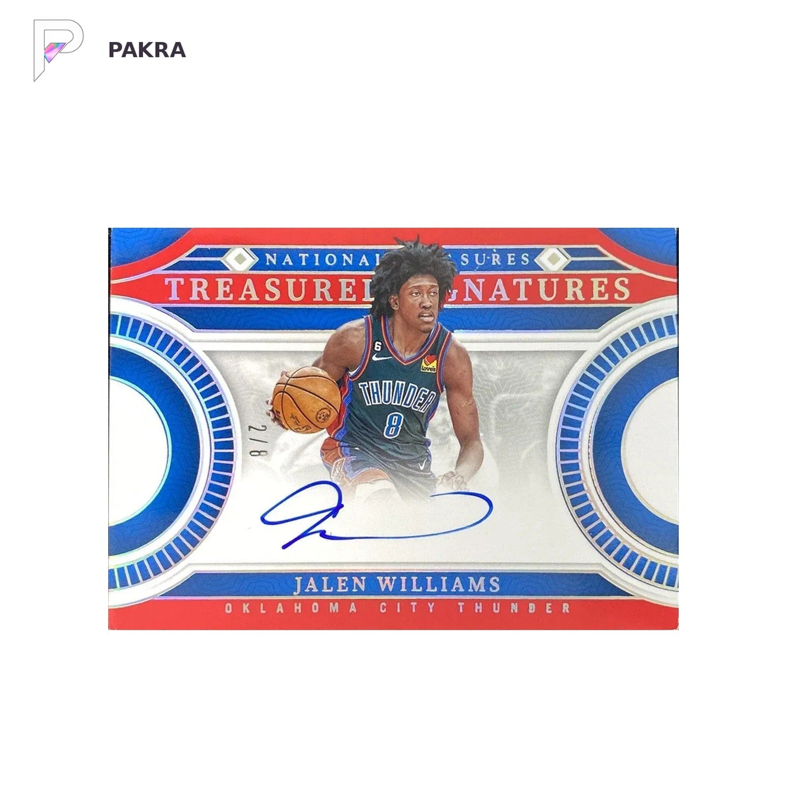 2023-24 National Treasures Treasured Red #TS-JWL Jalen Williams Auto 2/8 shown on a white PAKRA background.