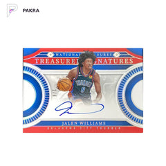 2023-24 National Treasures Treasured Red #TS-JWL Jalen Williams Auto 2/8 shown on a white PAKRA background.