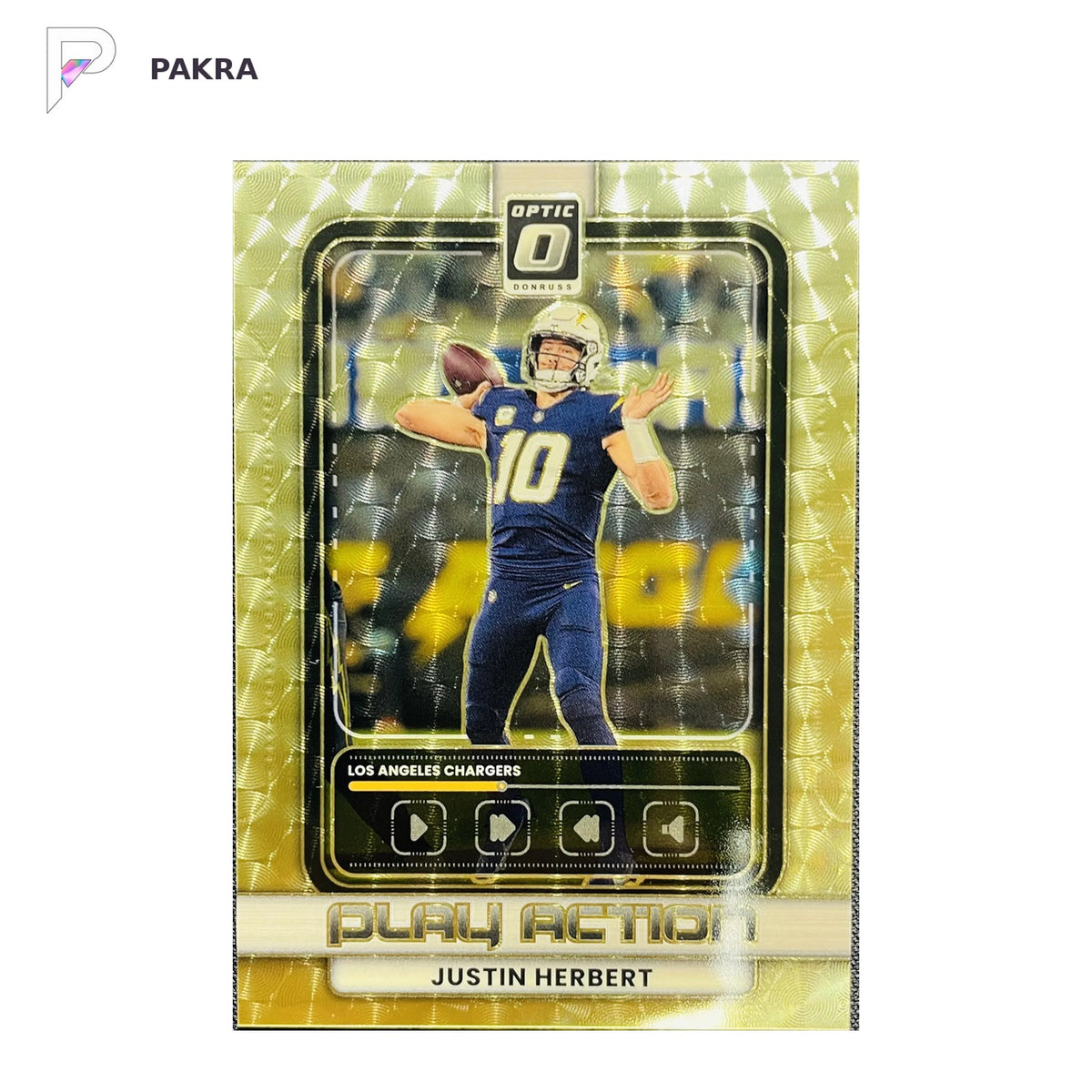 2025 Panini Donruss Optic Play Action Justin Herbert #10 Gold Vinyl 1/1 shown on a white PAKRA background.