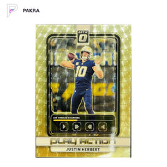 2025 Panini Donruss Optic Play Action Justin Herbert #10 Gold Vinyl 1/1 shown on a white PAKRA background.