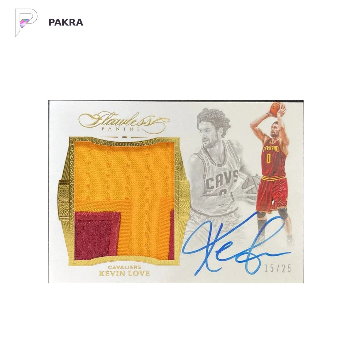 2015-16 Panini Flawless #SR-KL Kevin Love GW Patch Auto 15/25 Cavaliers shown on a white PAKRA background.