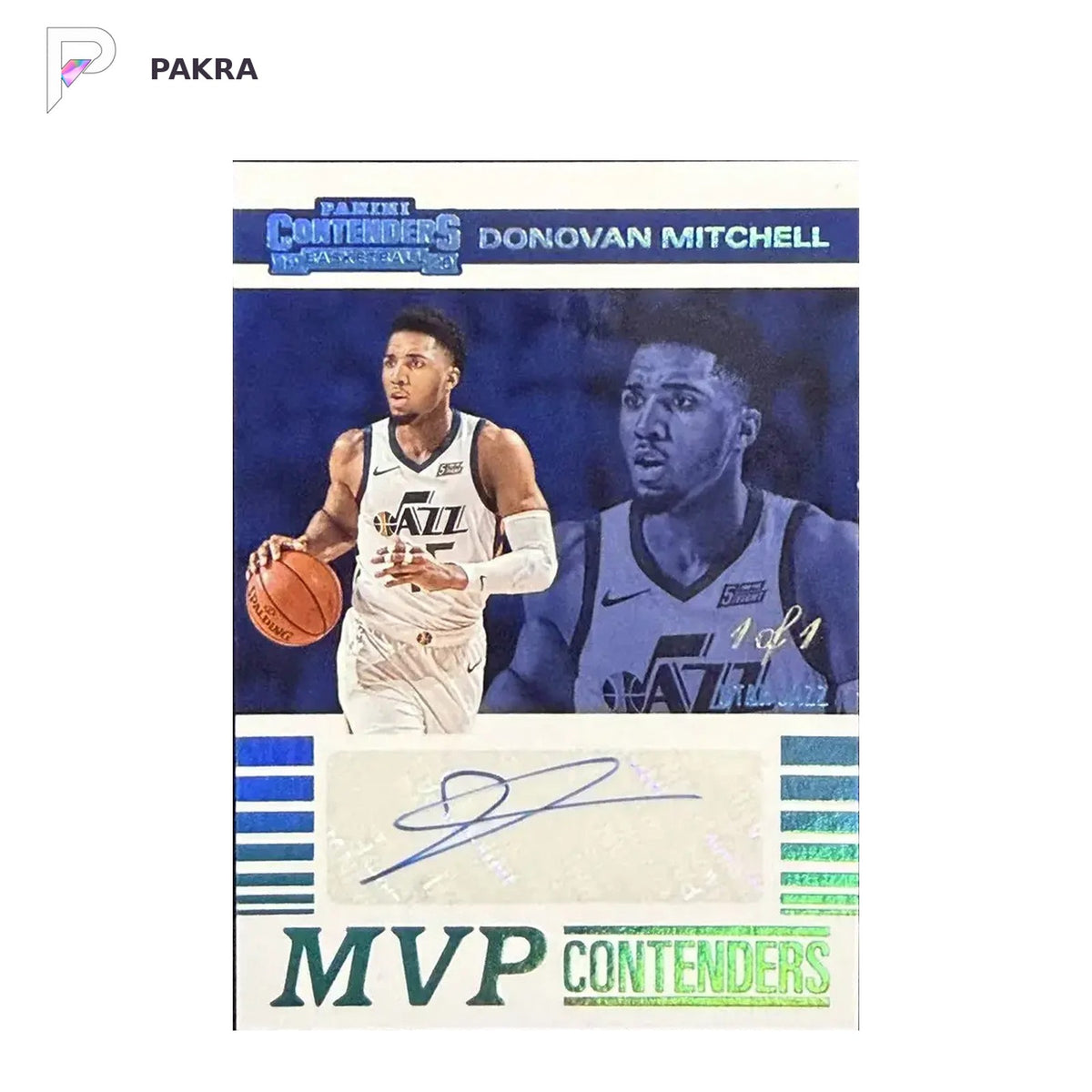 2019-20 Panini Contenders MVP Auto Donovan Mitchell Platinum 1/1 Jazz shown on a white PAKRA background.