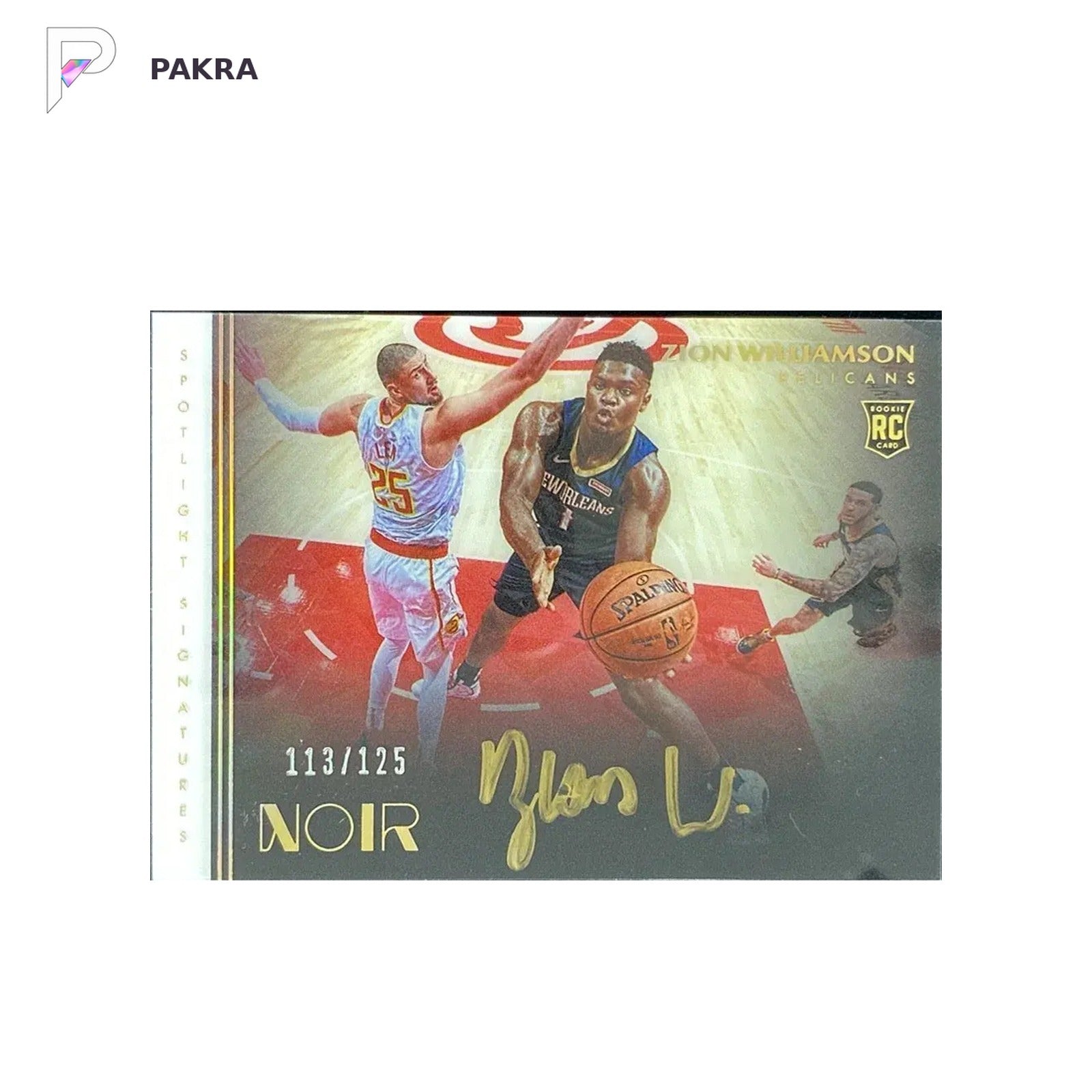 2019-20 Panini Noir Spotlight Zion Williamson RC Rookie Auto 113/125 shown on a white PAKRA background.