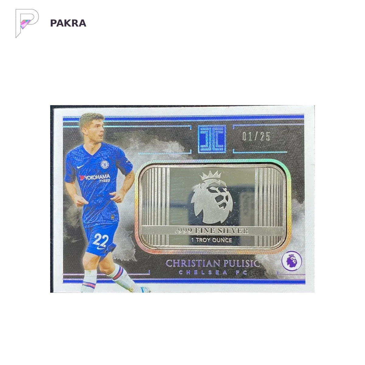 2019-20 Panini Impeccable EPL Logo Silver #LS-54 Christian Pulisic 1/25 shown on a white PAKRA background.