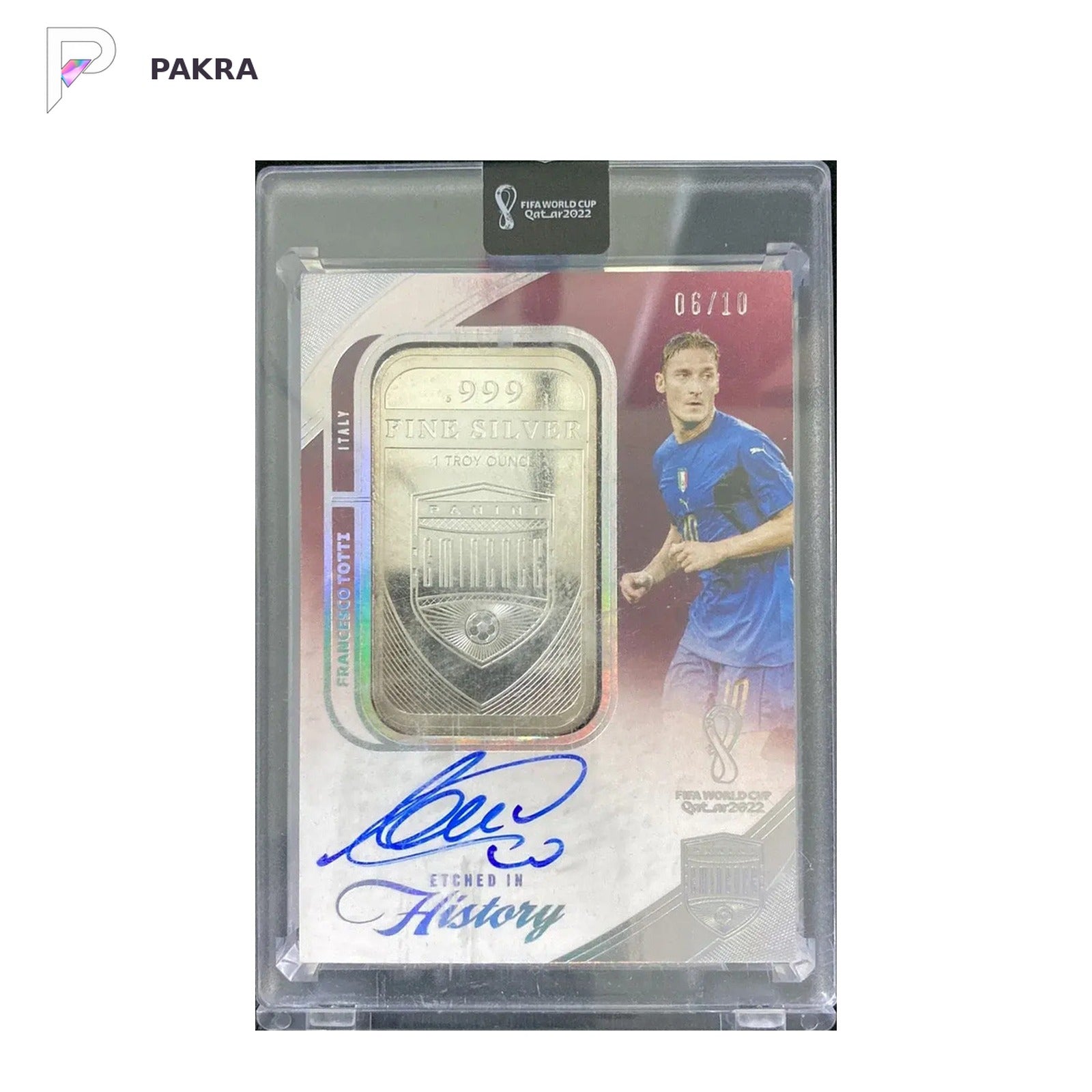 2022 Panini Eminence FIFA Silver Bar Francesco Totti Patch Auto 6/10 Sealed shown on a white PAKRA background.