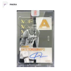 2024-25 Panini Noir A-List Holo Gold Giannis Antetokounmpo Auto 2/10 Sealed shown on a white PAKRA background.